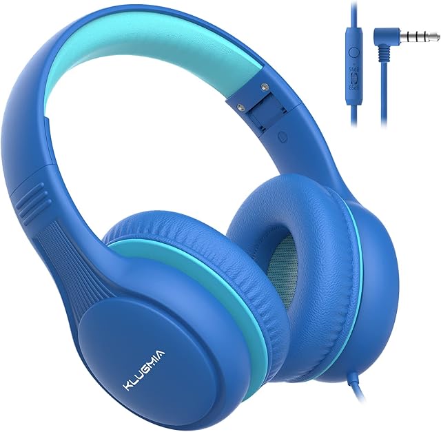 KLUGMIA Wired Kids Headphones, 85dB/94dB Volume Limited, Over Ear Headphones for Kids with in-line HD Mic, Audio Sharing, Foldable Kids Headphones Wired (blue)