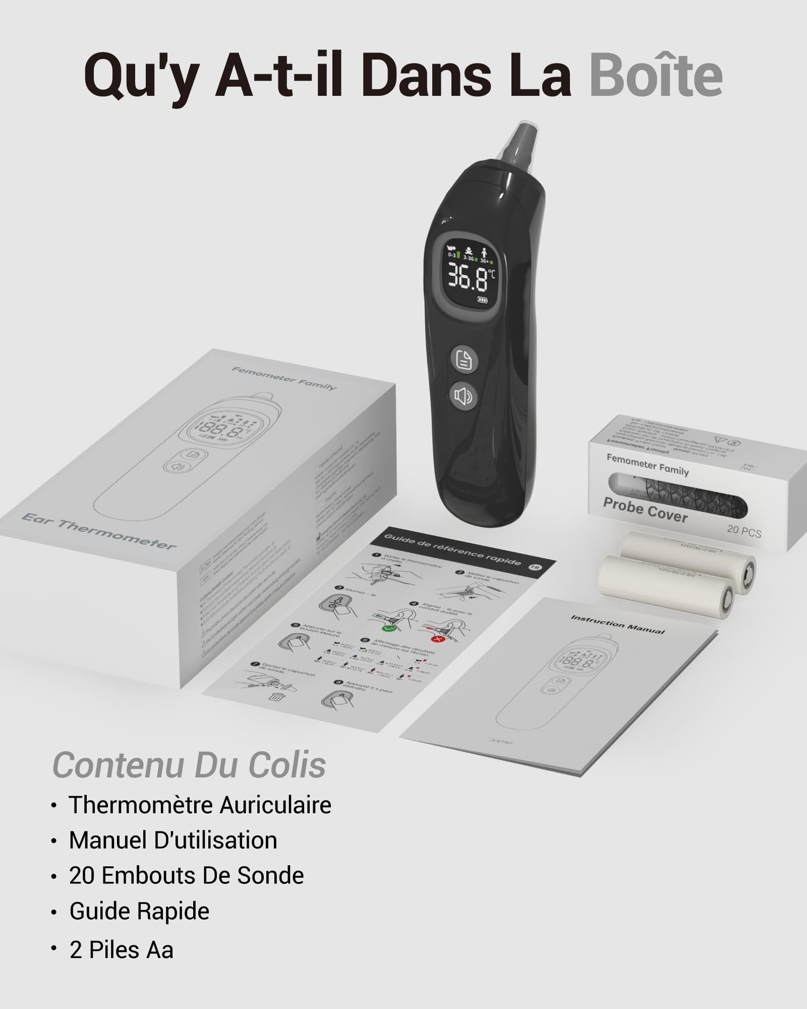 Thermomètre Auriculaire Haute Précision - Mesure en 1 Seconde - Guidage Intelligent par Tranche d'Âge - Mode Silencieux - Thermomètre Numérique pour Enfants et Adultes - 20 Embouts Jetables Inclus