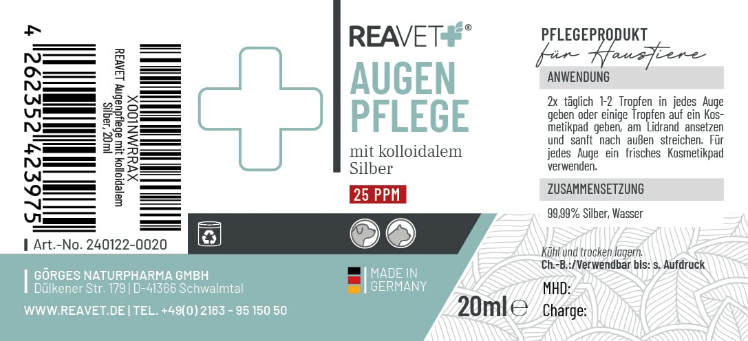 ReaVET collyre spécial pour Chiens et Chats, pour Les Yeux irrités et Les Taches de Larmes, Soin des Yeux à l'argent colloïdal