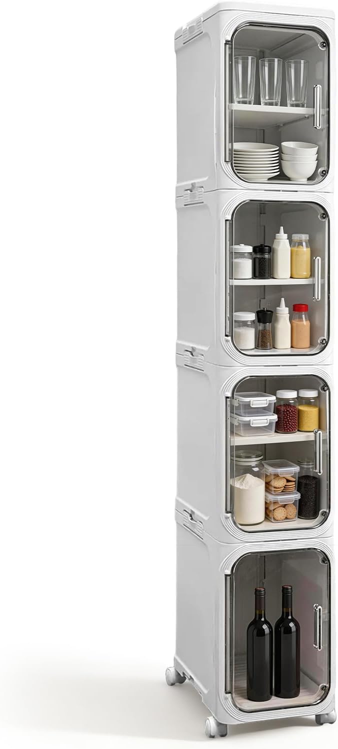 4-Tier Tall Narrow Storage Cabinet with Adjustable Shelves and Lockable Wheels — Ideal for Small Spaces in Bathroom, Kitchen, or Laundry Room