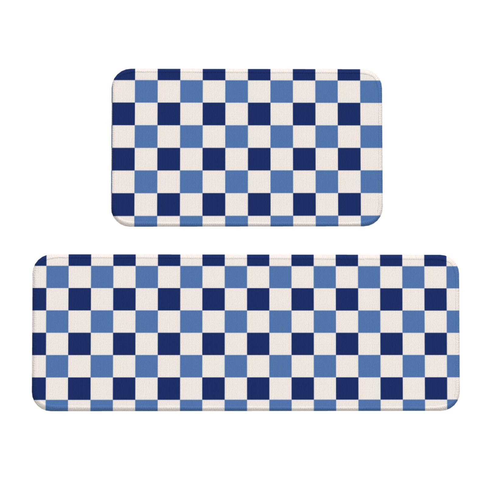 GVYGVY Antifatigue Kitchen Mats for Floor 2 Piece - Blue and White Plaid Print Kitchen Rugs Washable, Non Slip Runner Rug Standing Mat for Office/Bathroom/Laundry/Home Decor and Accessories