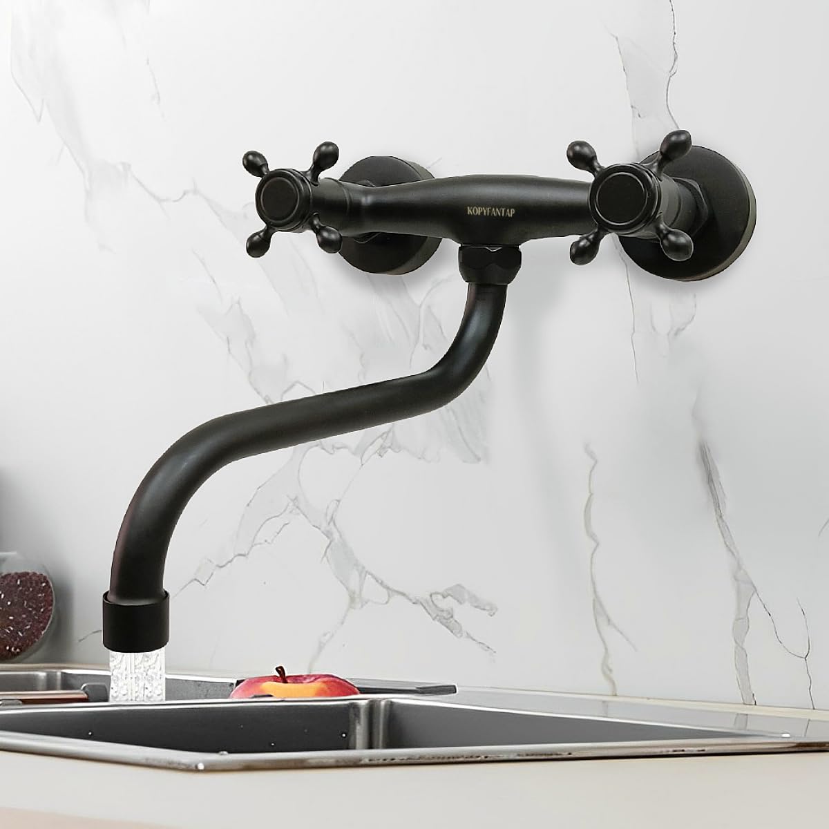 Grifo Cocina de Pared Negro con Dos Manijas | Mezclador fregadero de pared negro latón, giratorio 180°, boquilla en S, agua fría y caliente, para cocina y lavabo baño