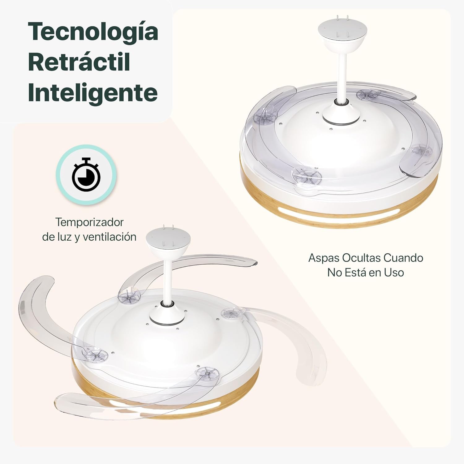 Ventilador de Techo LED con Aspas Retráctiles, Silencioso con Mando a Distancia motor DC 30W+Luz Led 54W, 6 velocidades con Memoria de la luz (Madera)