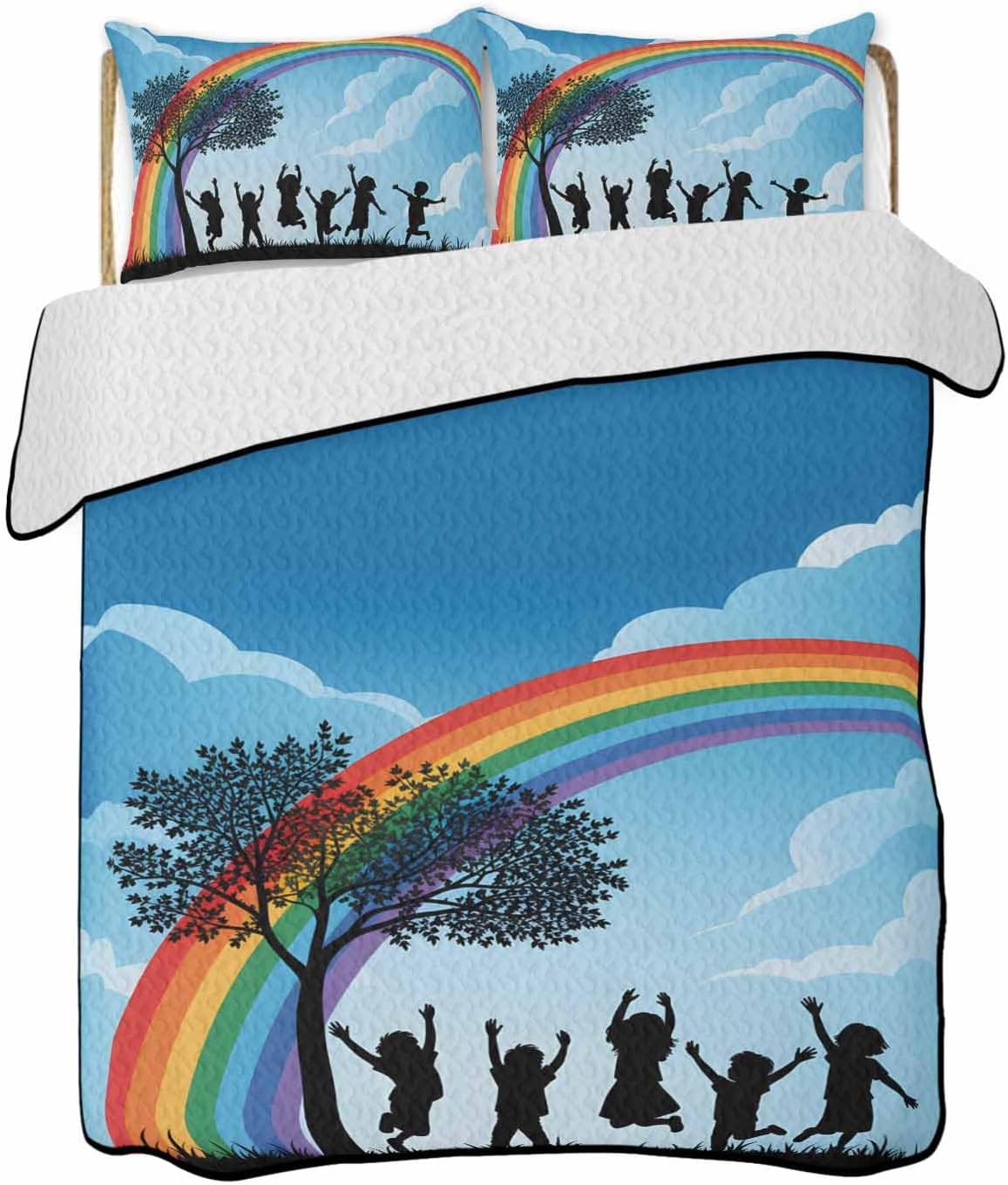 King Quilt Set, Children's Day Silhouettes Lightweight Soft Microfiber Summer Bedspread Coverlet with 2 Pillow Shams, Sky Rainbow Trees 3 Piece Bedding Set for All Seasons