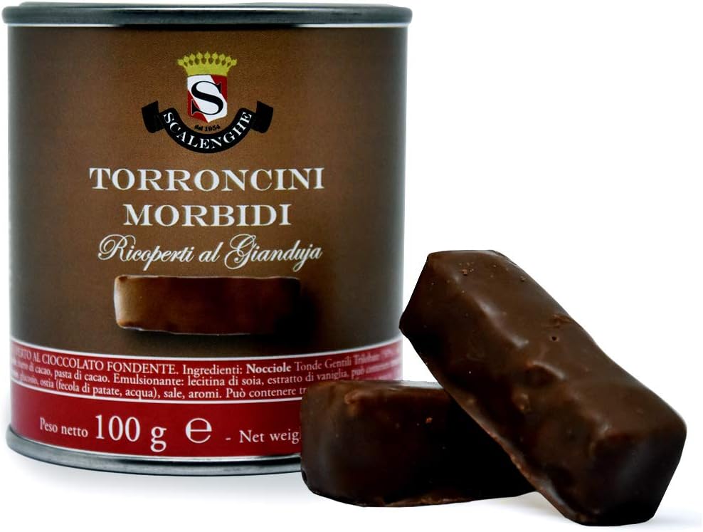 Soft Artisanal Mini Nougat Covered with Turin gianduia Chocolate in tin jar – Scalenghe Pastry Shop - Nougat with Hazelnut - Organic Italian Honey - Made in Italy