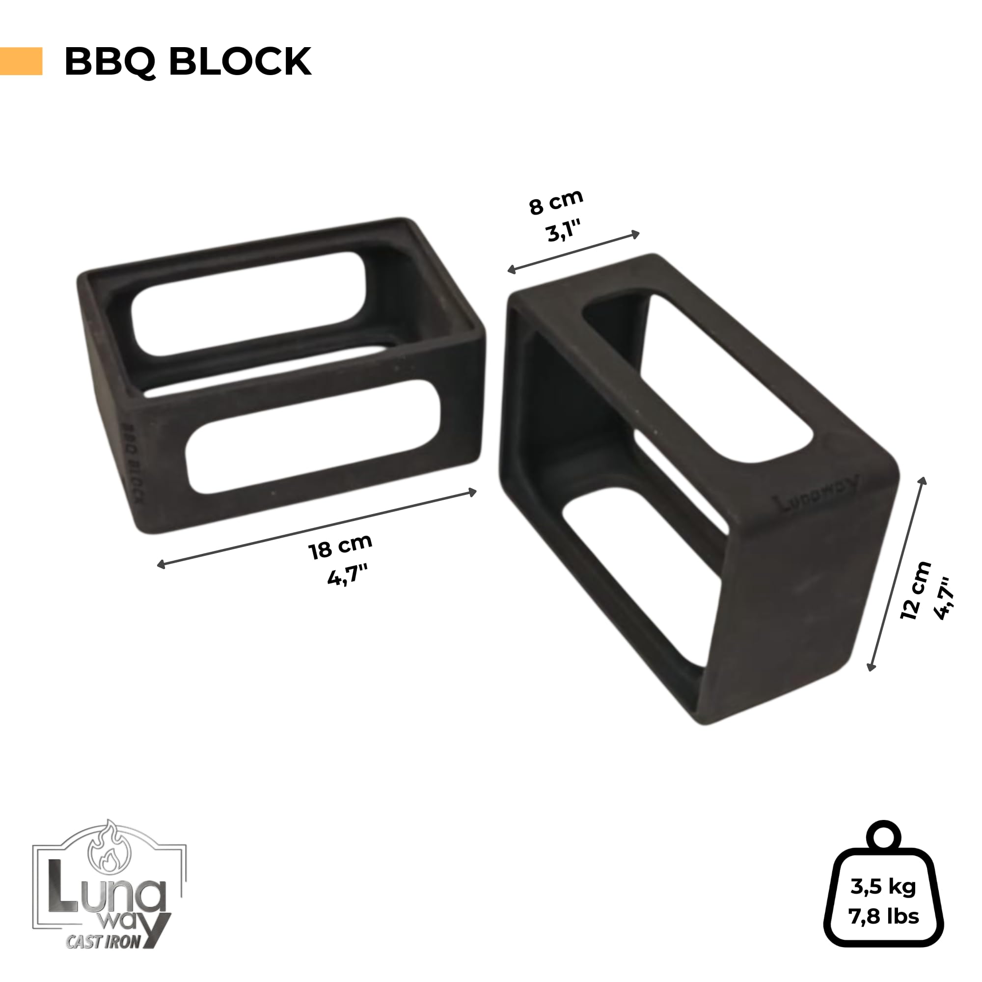 Griglia in Ghisa 48x17cm + Coppia supporti BBQ Blocks | Cottura uniforme e professionale | Reversibile | Doppia smaltatura Black di LUNAWAY | Sistema modulare per barbecue lineari