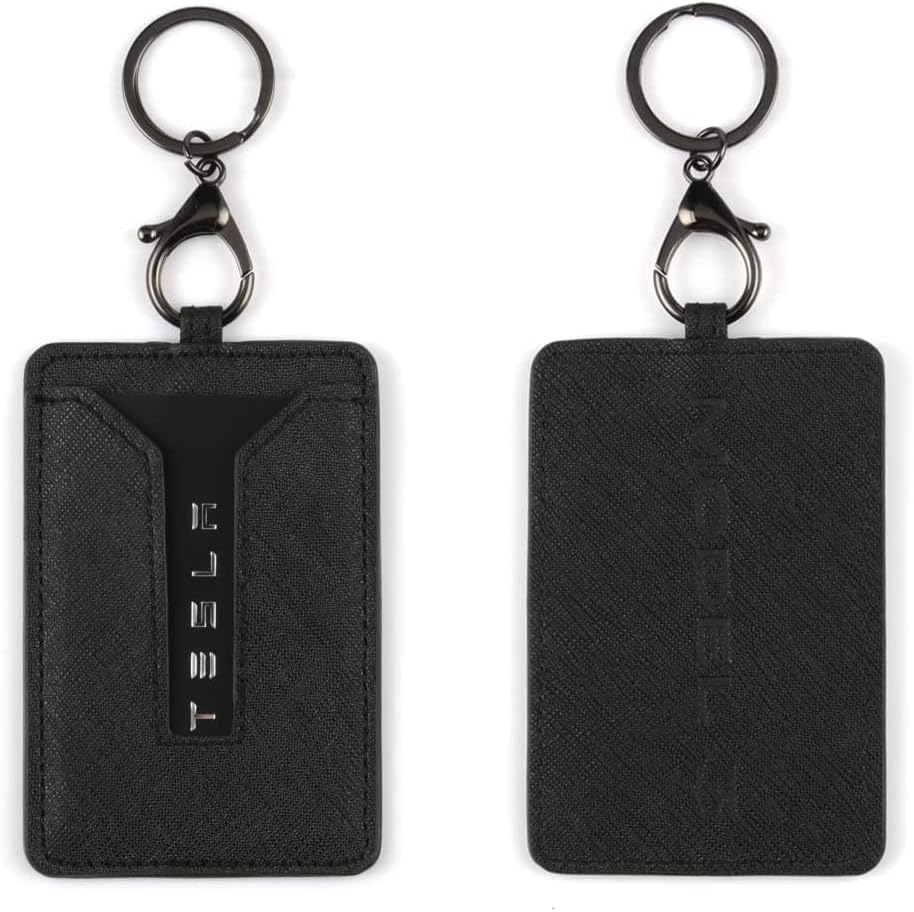Amiss Car Key Clip, Leather Case and Key Chain Metal Accessories Fit for Tesla Model 3 and Model Y, Car Interior Exterior Accessories -Black (2 Packs)