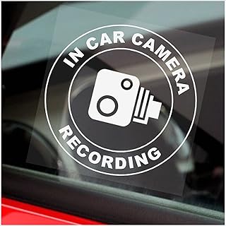 1 x In Car Camera Recording Sticker WINDOW CCTV Security Signs ROUND Warning Dash Cam Car Taxi Go Pro Reverse Internal 87mm White on Clear