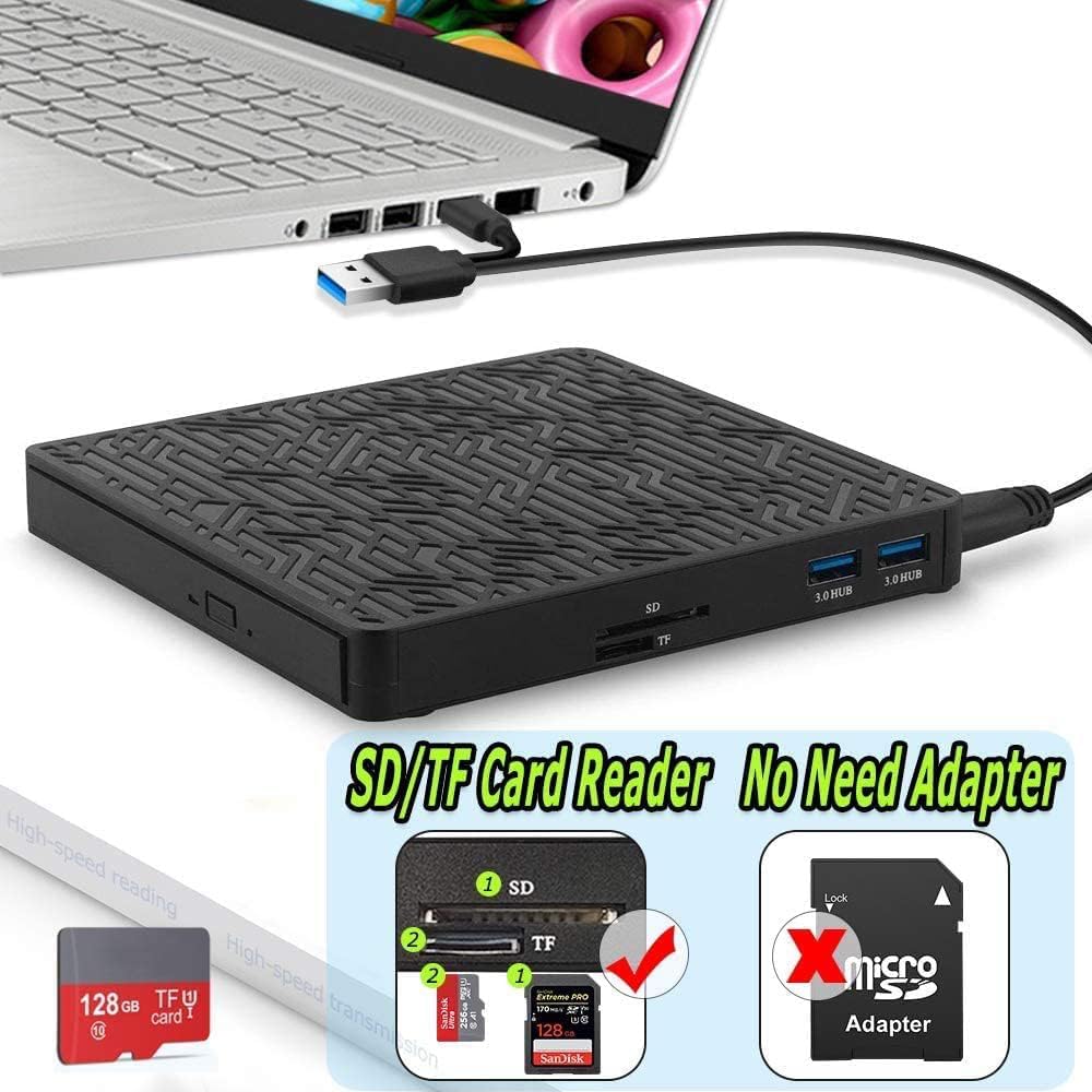 External CD DVD Drive, 2-Port Hub USB 3.0 with Type-C SD/TF Card Reader CD/DVD +/-Rw Drive ROM Rewriter DVD Burner for Laptop Desktop OS Windows 10 8 7 XP Vista (Black)