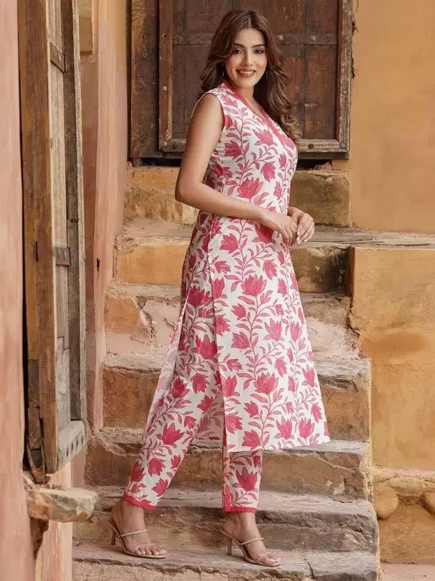 Image of Sidhidata Women's Cotton Blend Floral Printed Kurta Pant Set |Printed Kurti with Pant Set (KP Leaf)