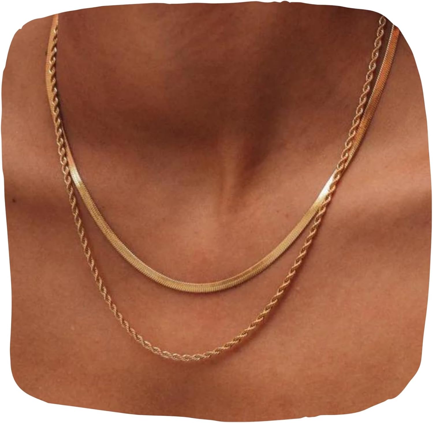 Gold Layered Herringbone Necklace For Women Nassau Set – Waterproof Sweatproof Non Tarnish Jewerly – 14K PVD Layered Stainless Steel Necklace Perfect for Everyday Wear