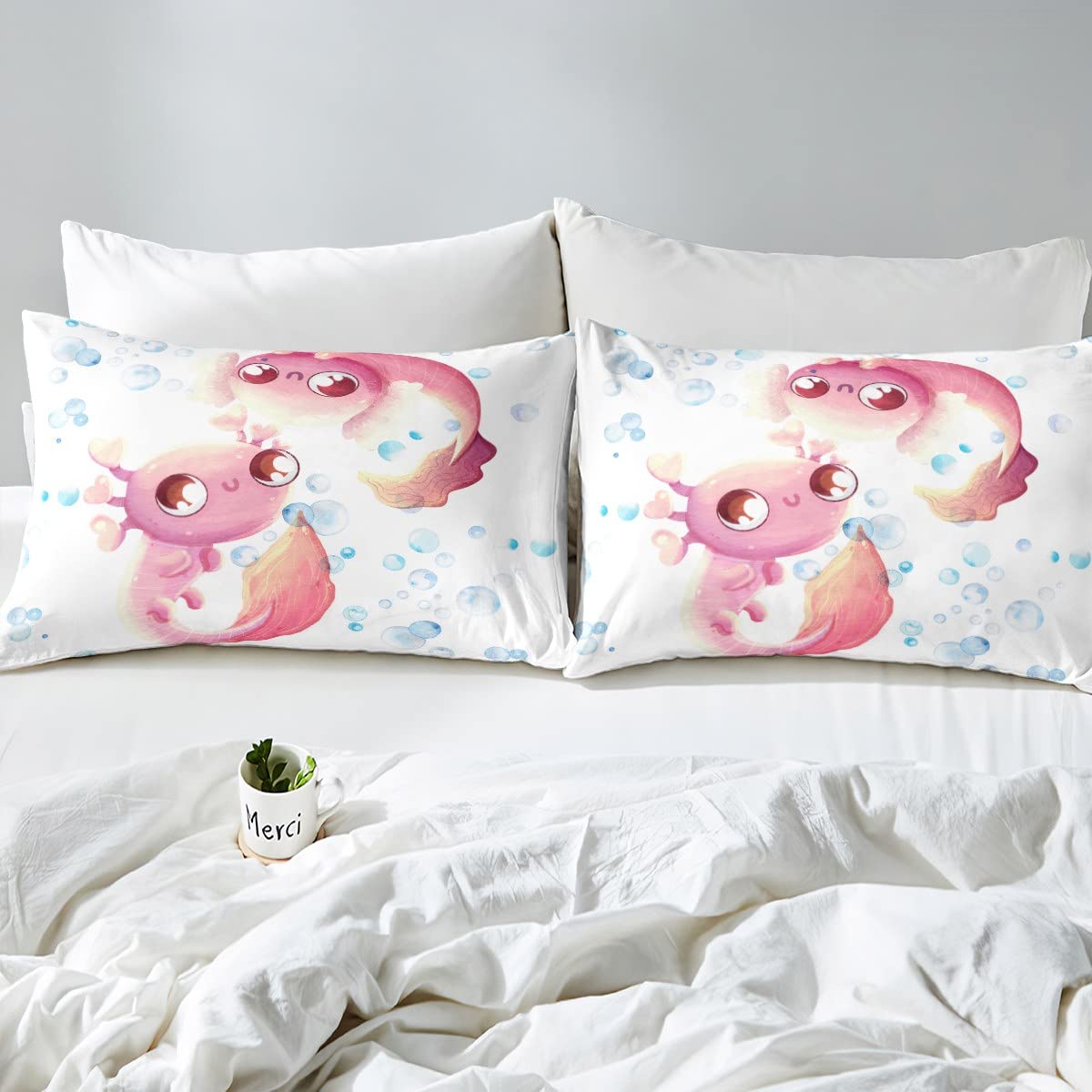 Axolotl - Set di biancheria da letto con 2 federe, con stampa ad acquerello, motivo kawaii, colore rosa, blu, 3 pezzi, regalo per adolescenti e adulti