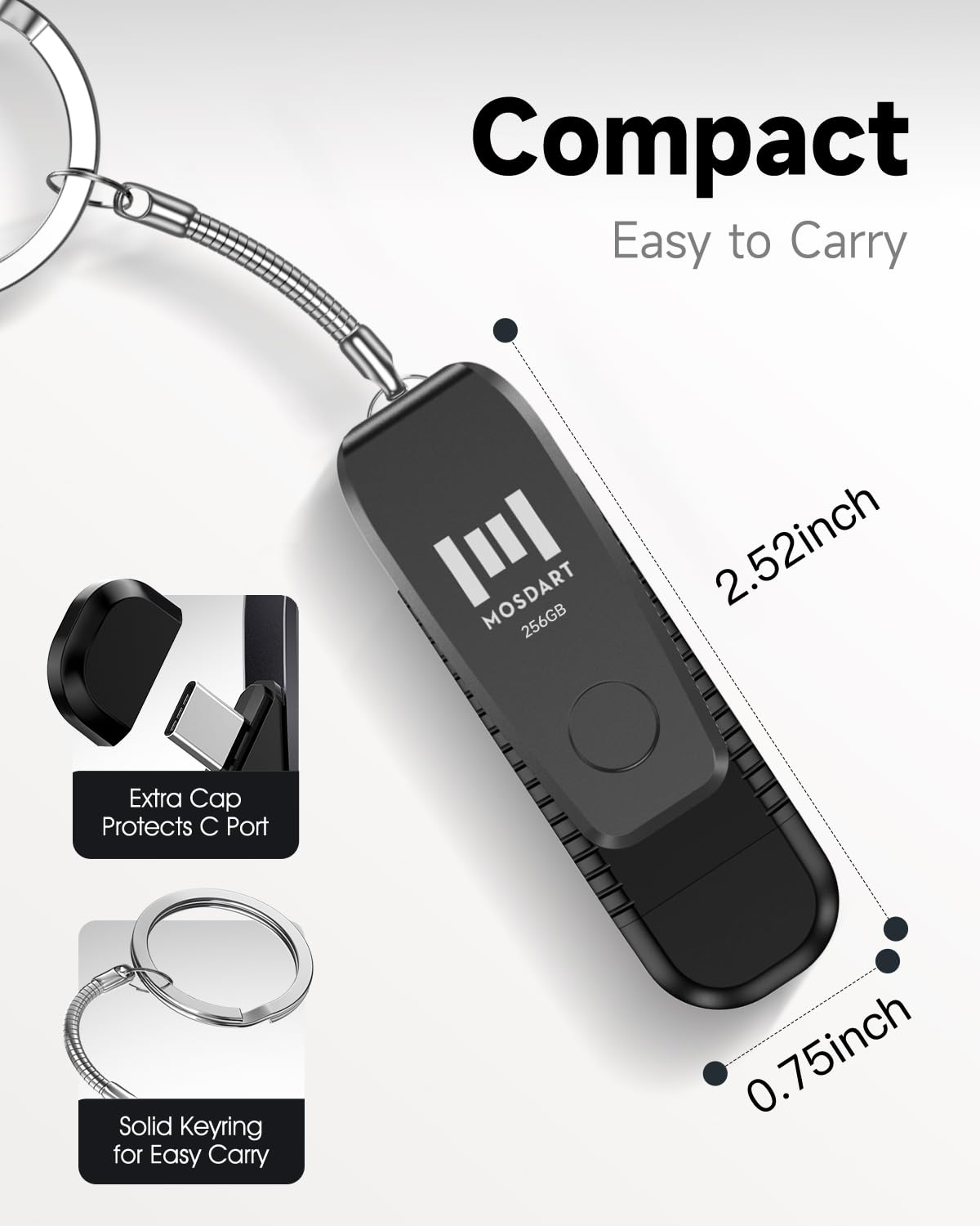 MOSDART Chiavetta USB C e A 3.1 da 256 GB, con portachiavi, colore: nero