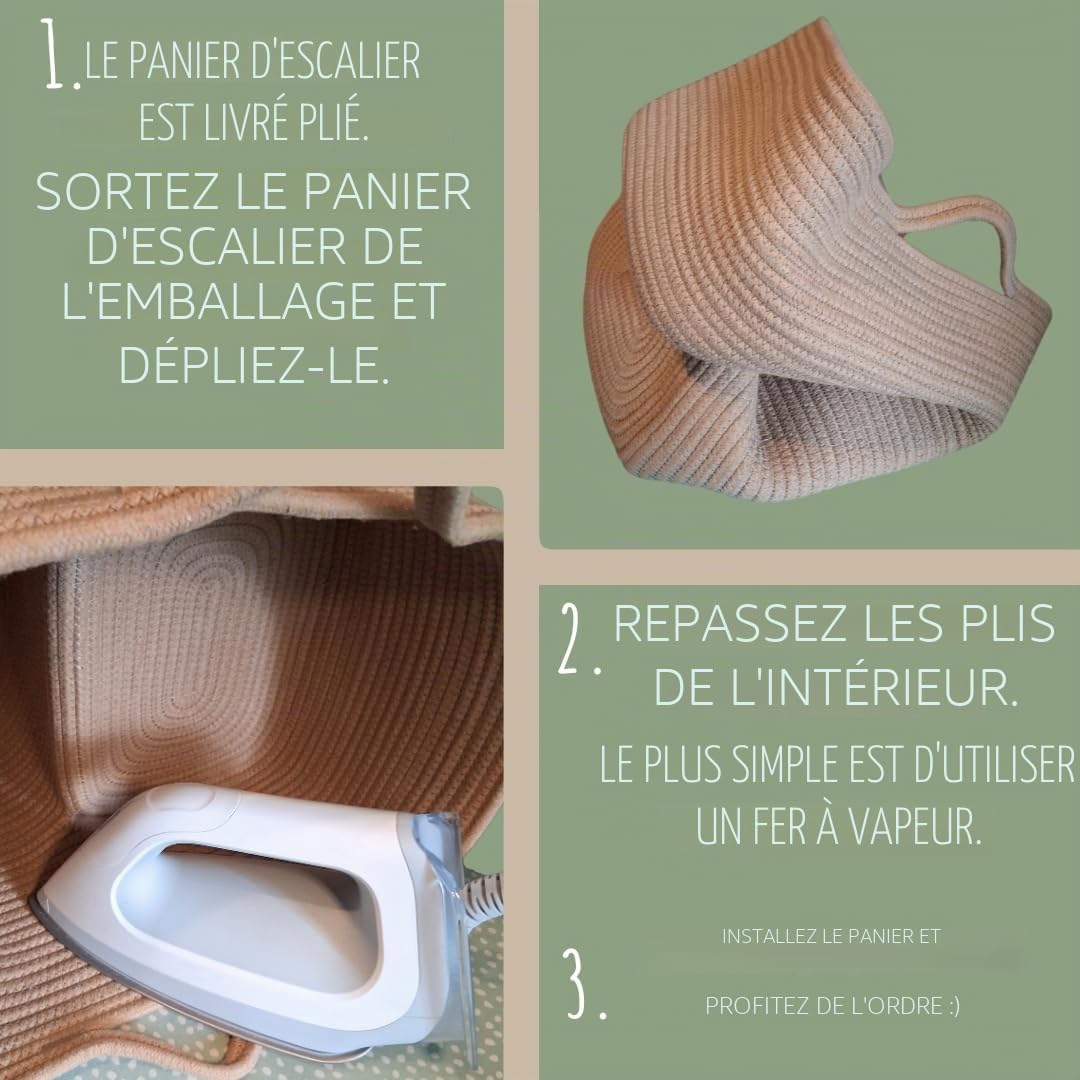 Panier d'escalier en coton solide beige - Pour plus d'ordre dans la maison - Panier à marches, sac d'escalier, forme de L, beige