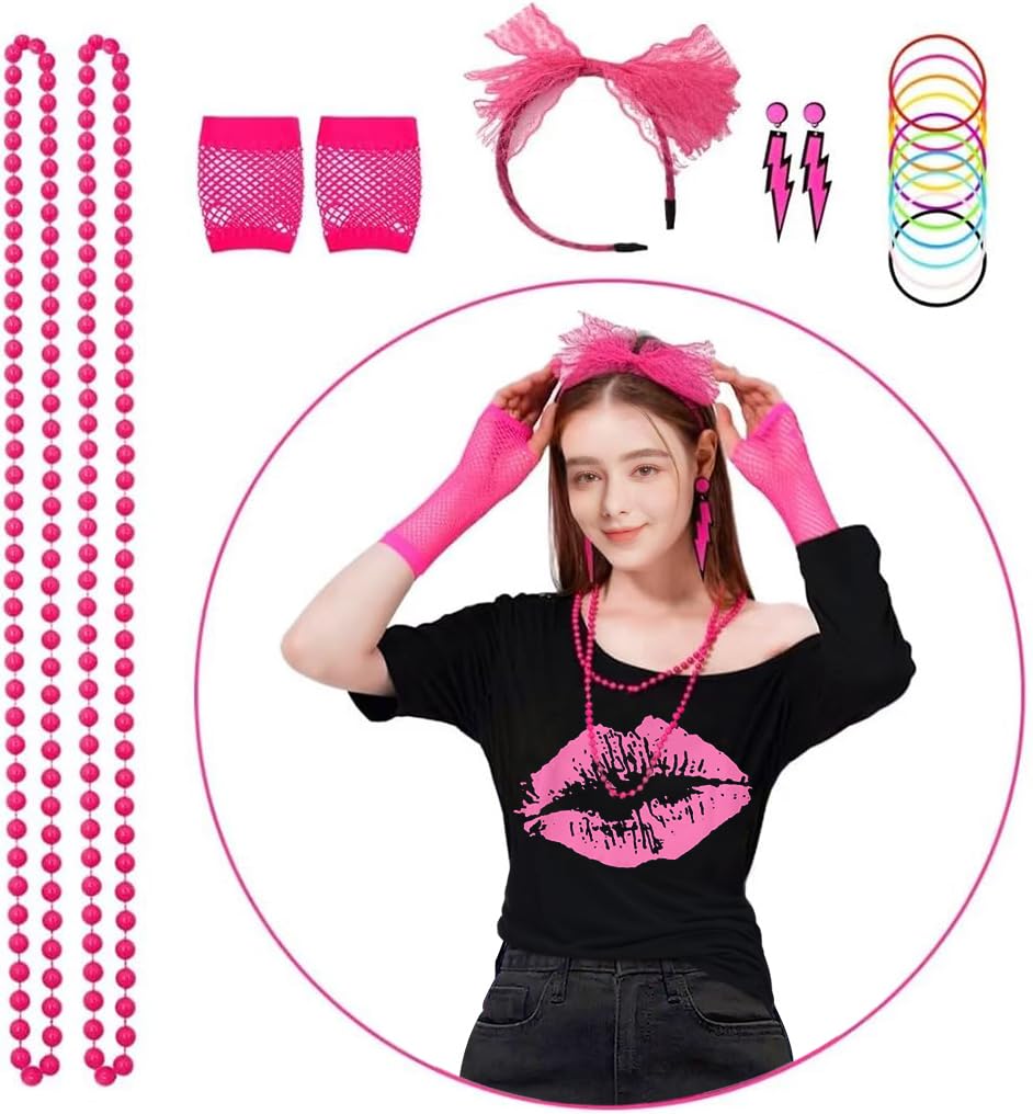 ELFIN 8 Pieces Women 80s Fancy Dress Off Shoulder Tops Lip Print 80s T-Shirt Warmers Fishnet Gloves Necklace Earring 1980s Costumes Outfit Accessories Retro Theme Party Cosplay - Image 2