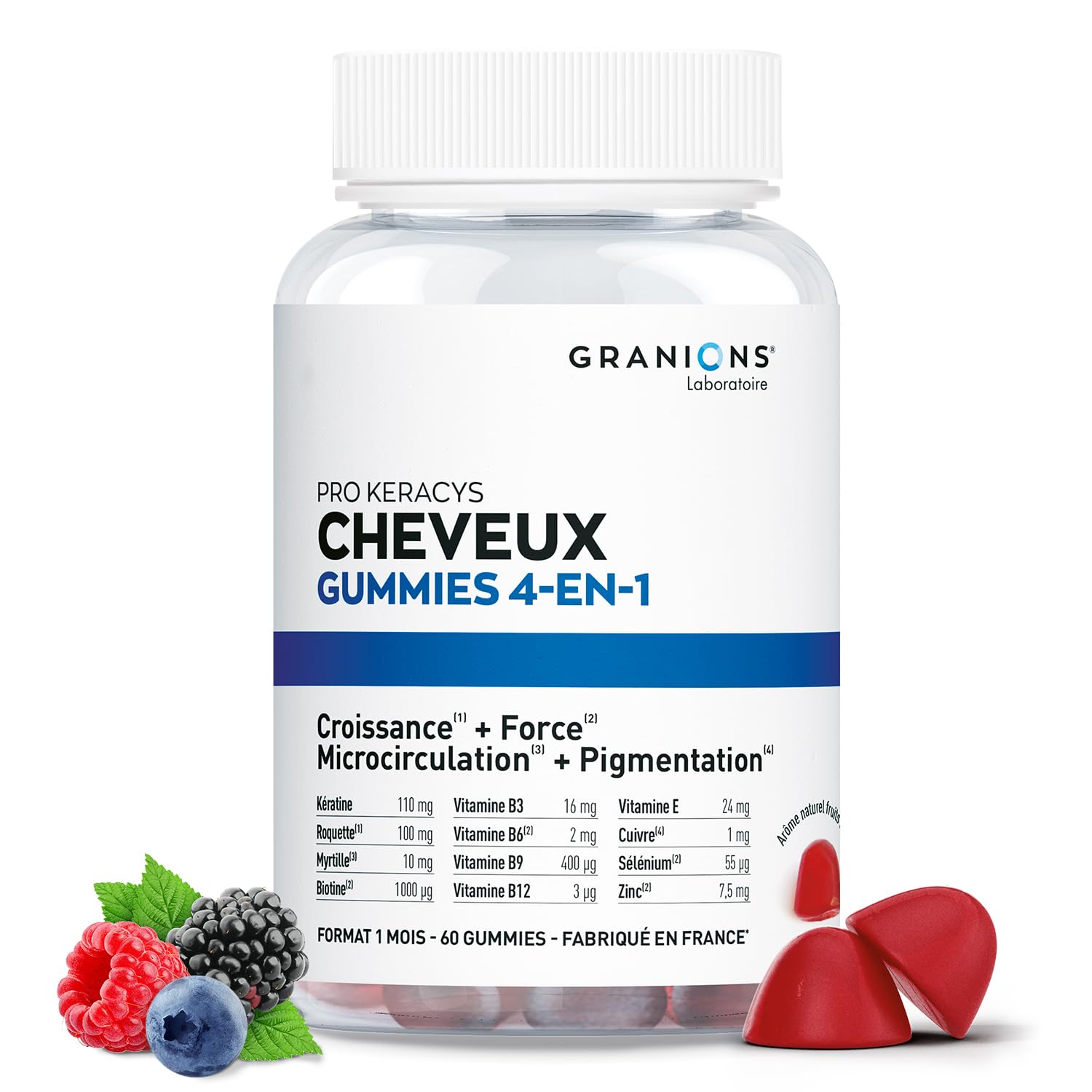 GUMMIES CHEVEUX 4-​EN-​1| PRO KERACYS GRANIONS | Vitamines pour Cheveux | Croissance + Force + Microcirculation + Pigmentation | Pousse rapide avec Biotine, Zinc, Vitamine B8 et Kératine. Format 1 mois