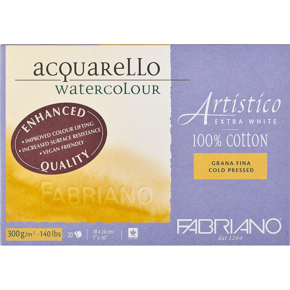 Fabriano Artistico Extra White Watercolor Block, 140 lb./300 GSM, Cold Press, 20 Sheets, 7" x 10"