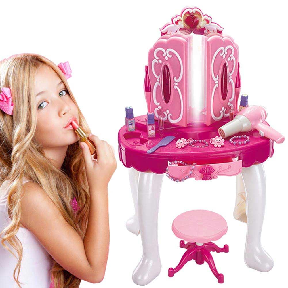 BAKAJI Specchiera Make-Up per Bambini, Toeletta Giocattolo con Sgabello, Ballerina con Luci e Suoni, Asciugacapelli funzionante a Batteria e Tanti Accessori Playset Gioco Immaginazione 45 x 32 x 72 cm