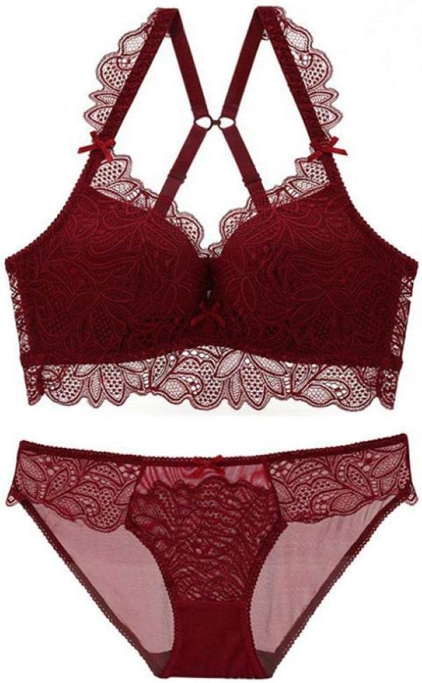 zysymx New thickening small chest gathered no steel ring bra lace embroidery beauty back girl underwear set 酒红色 80B