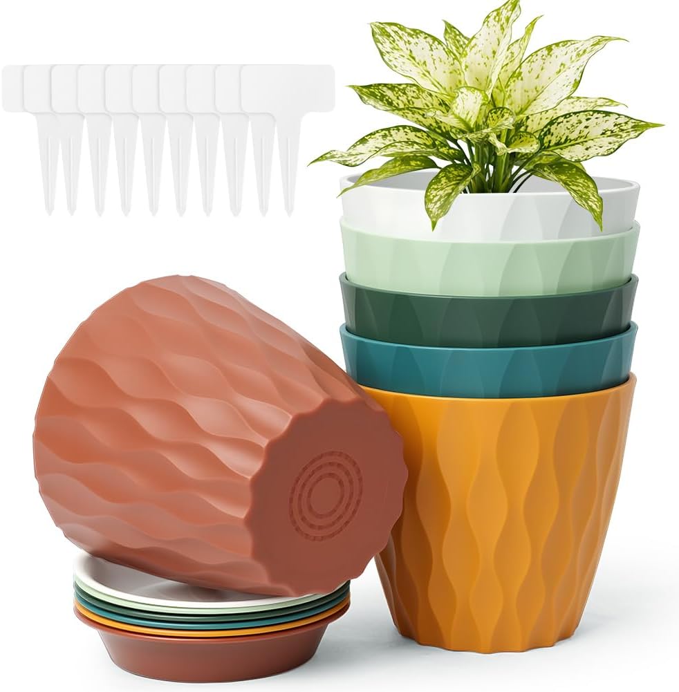 Plant Pots, 6 Pack 4 Inch, Plastic Wave Texture Flower Pots with Drainage Holes and Saucers, Modern Decorative Planter Pot, Indoor Outdoor Planters for Succulent and All House Plants