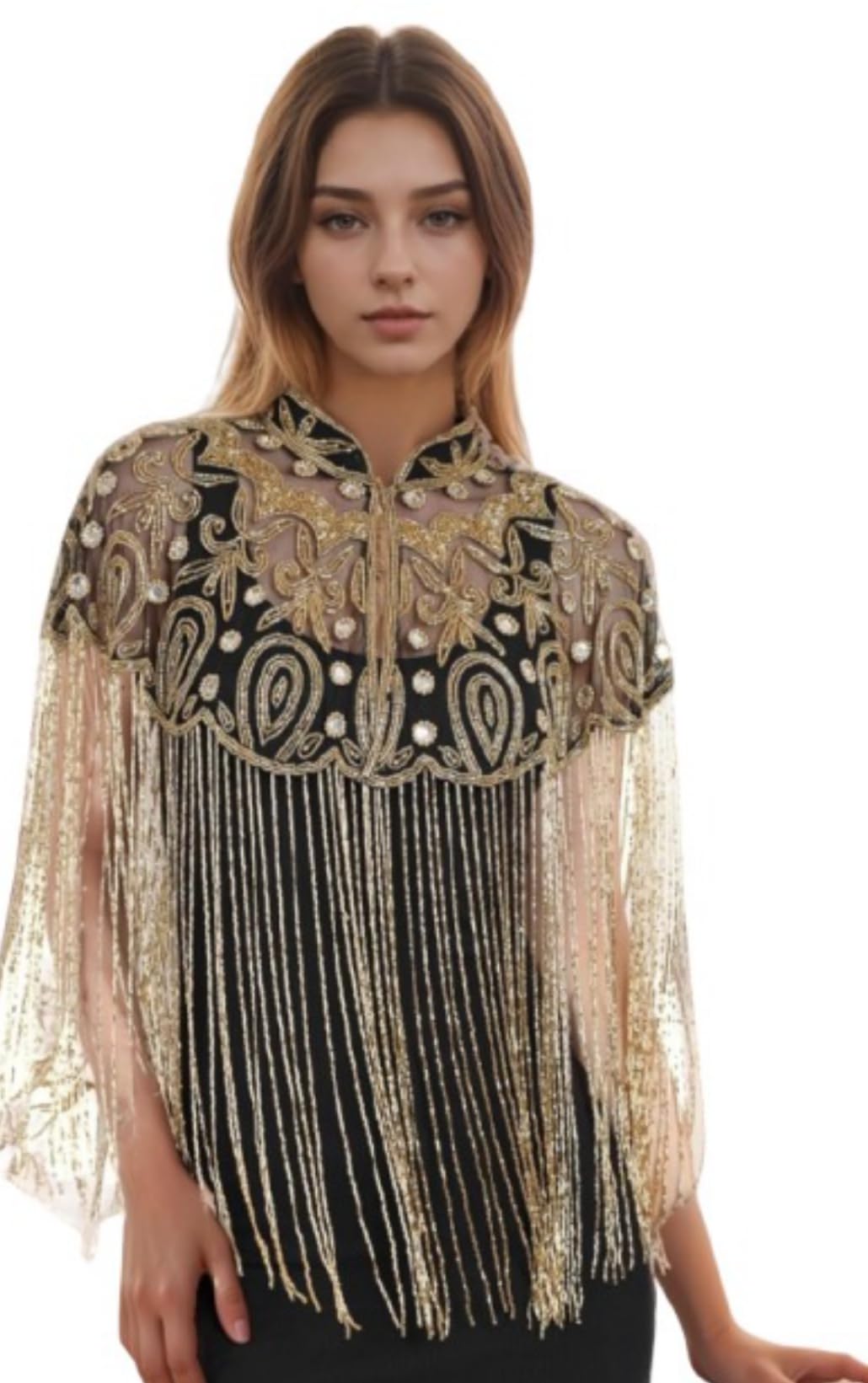 Embroidered Net Cape Shrug with Fringe Detail, Gold Sequin Pattern