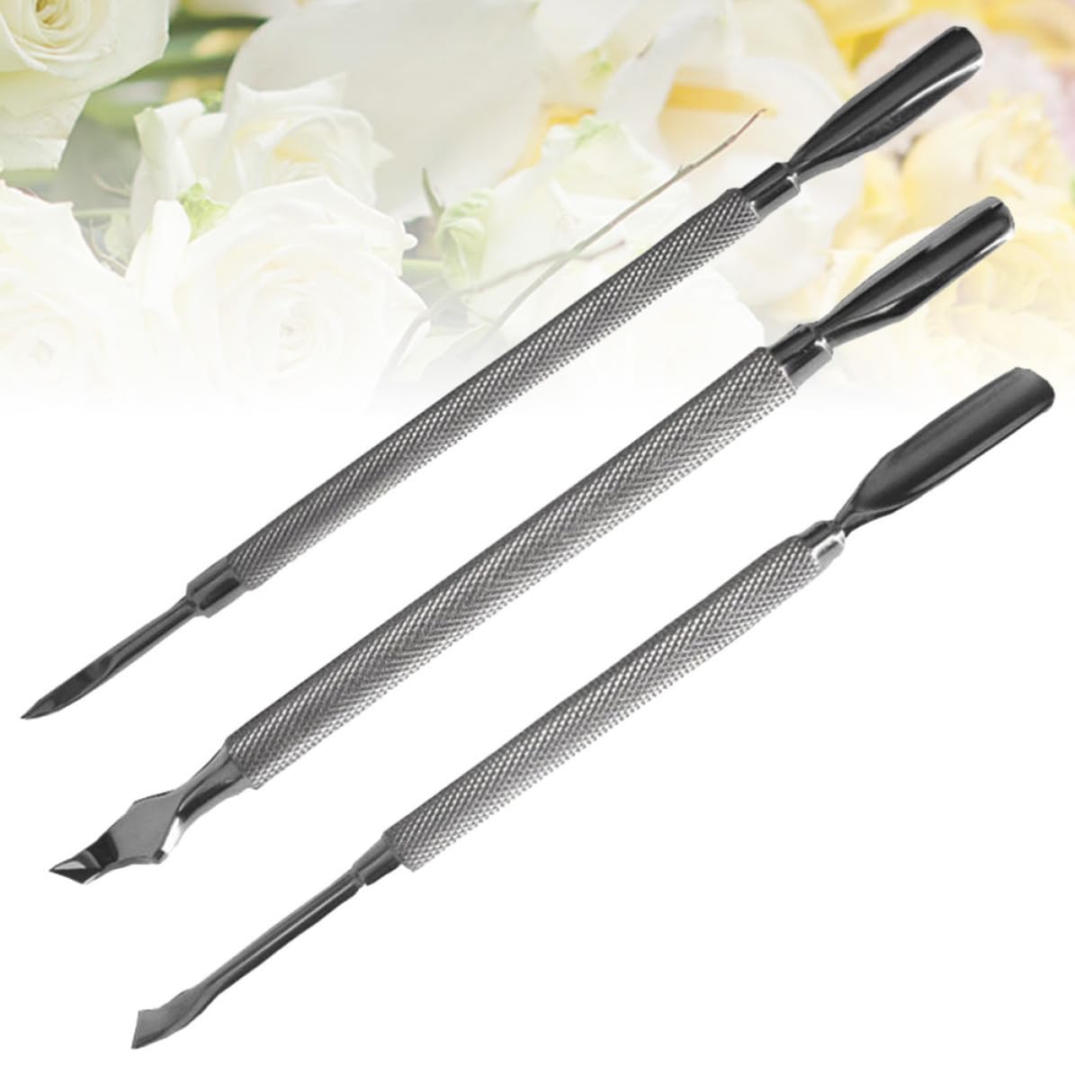 FRCOLOR Stainless Steel Cuticle Pusher to Remove Cuticle 3pcs for Nail Care, Ergonomic Design Double-end Manicure Tool Silver Nail Art Polisher for Professional and Personal Use