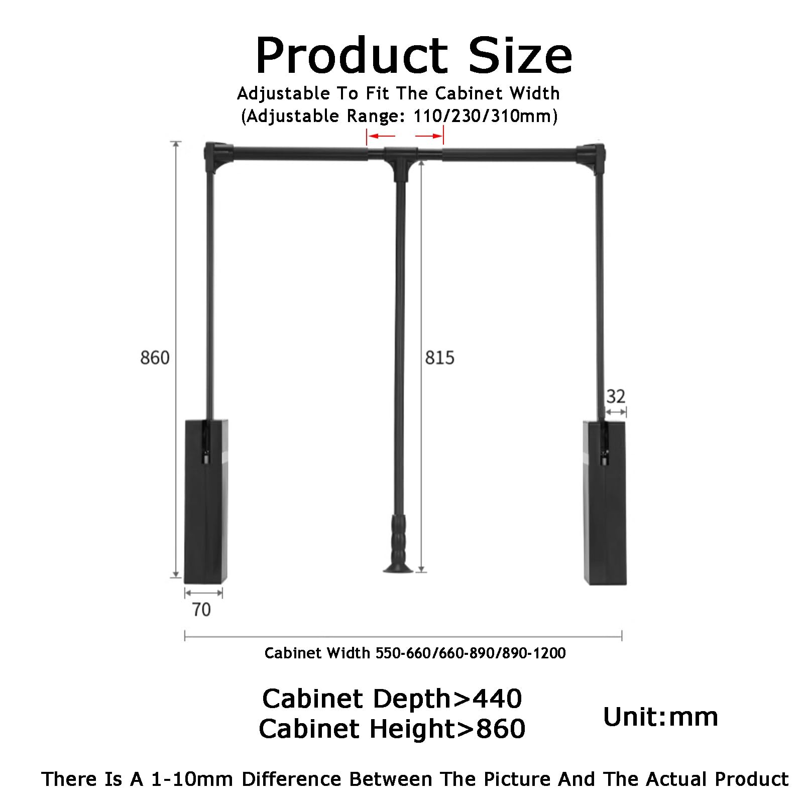 Podwójne Szyny Podnoszące Do Szafy Tłumiącej | Nośność 20 kg, organizer na wieszaki na ubrania(Black,660-890mm)