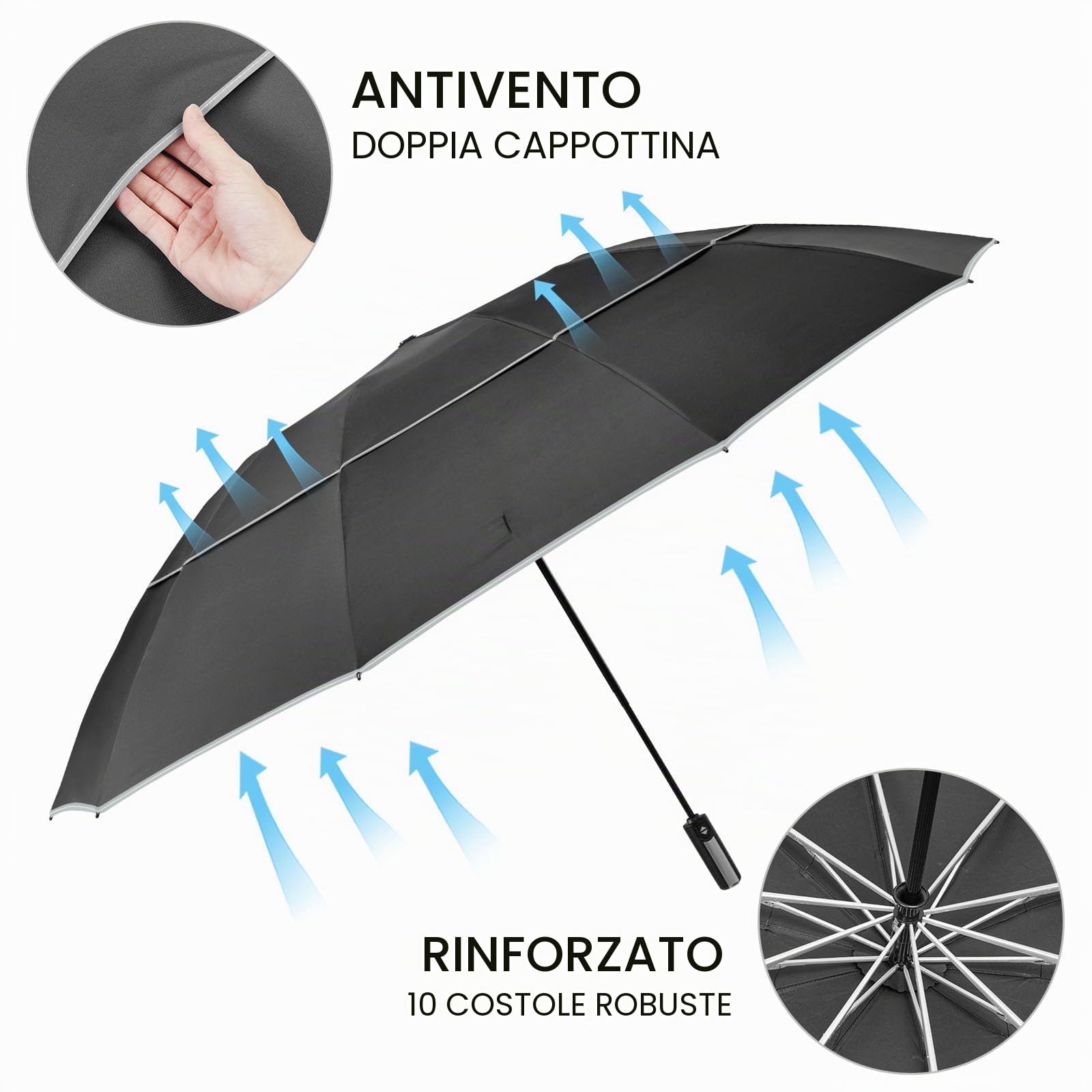 G4Free Ombrello pieghevole da 157 cm, con striscia riflettente, 10 stecche, grande, da viaggio, compatto, invertito, antivento, doppia copertura, apertura automatica e chiusura