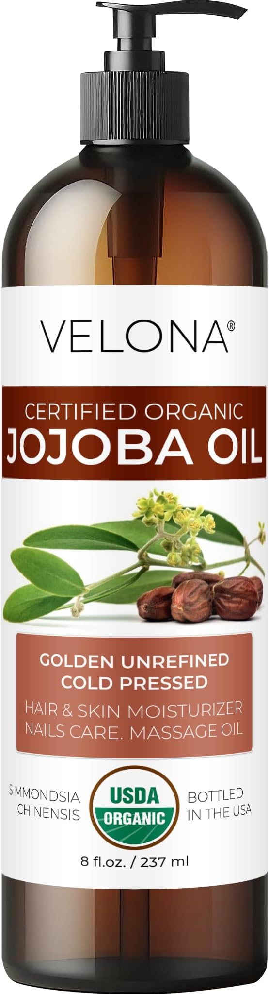 velona Jojoba Oil USDA Certified Organic - 8 fl oz (With Pump) | 100% Pure and Natural | Golden, Unrefined, Cold Pressed, Hexane Free | Moisturizing Face, Hair, Body, Skin Care