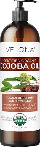 velona Aceite de jojoba certificado orgánico USDA – 8 onzas líquidas (con bomba) | 100% puro y natural | dorado, sin refinar, prensado en frío, sin