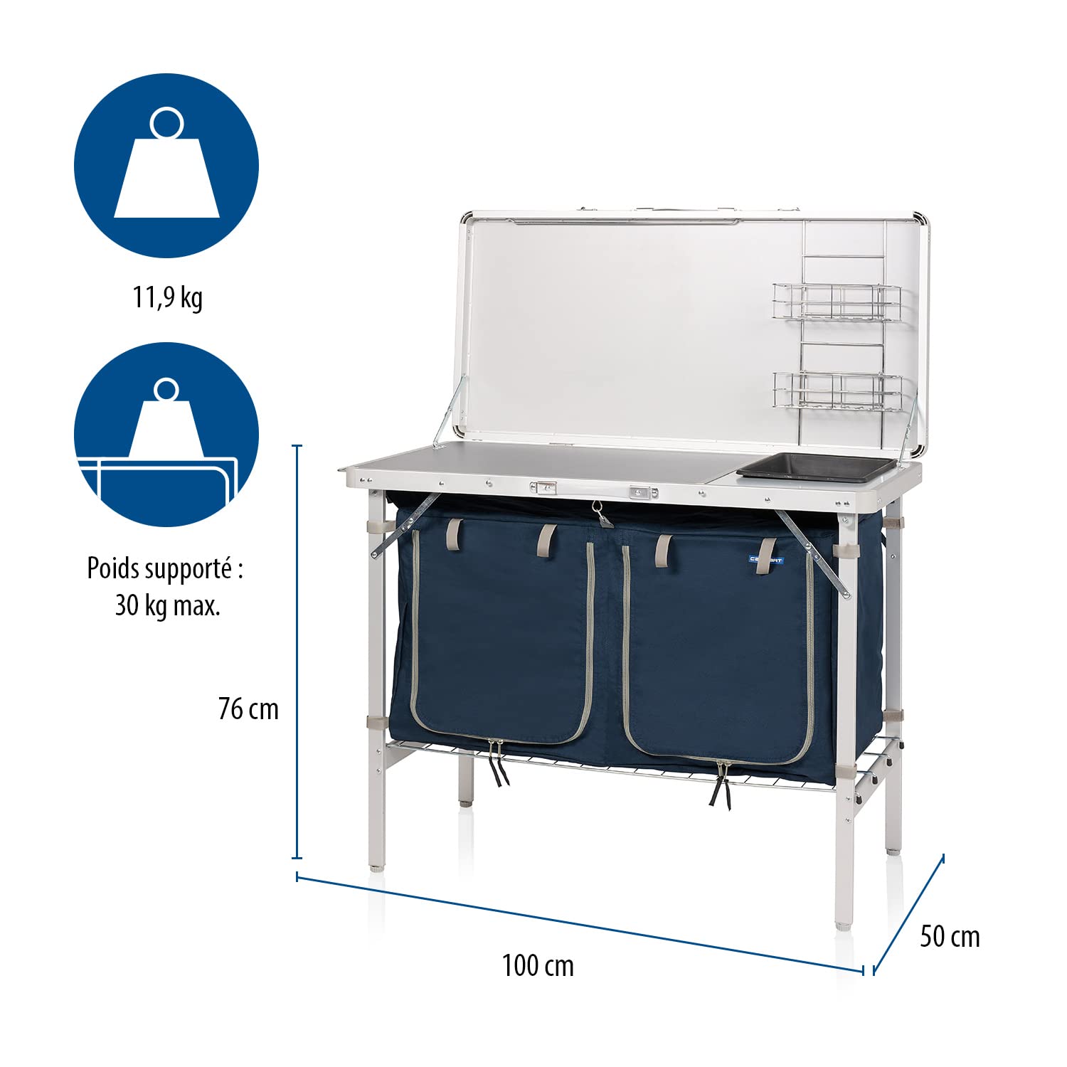 Campart Cuisine de camping pliable Salamanca - 2 compartiments - Bac à vaisselle & auvent - Sac de transport inclus - Armature en aluminium