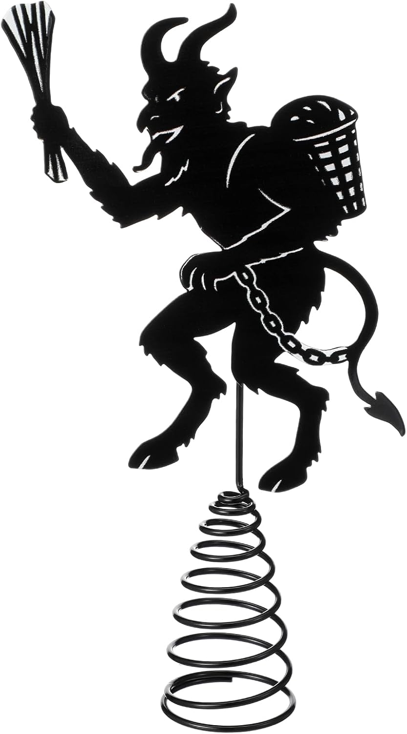 Soulchen 7.9 x 6 Inches Krampus Christmas Tree Topper Metal Black Gothic Krampus Tree Topper Scary with Horns Chains Basket Creepy Folklore Decoration for Horror Ornaments Halloween Party
