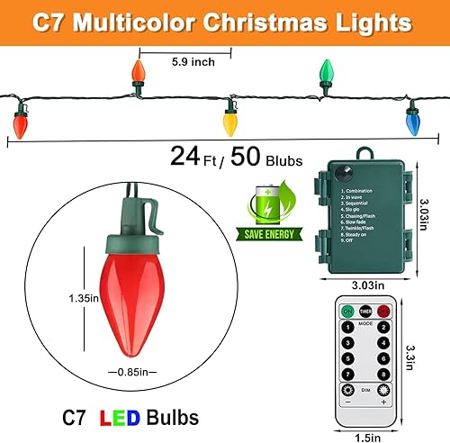 Miniatura 2 de Couah Luces de Navidad C7 que funcionan con pilas de 24 pies, 50 luces LED C7 alimentadas por baterías, para interiores y exteriores, árbol de