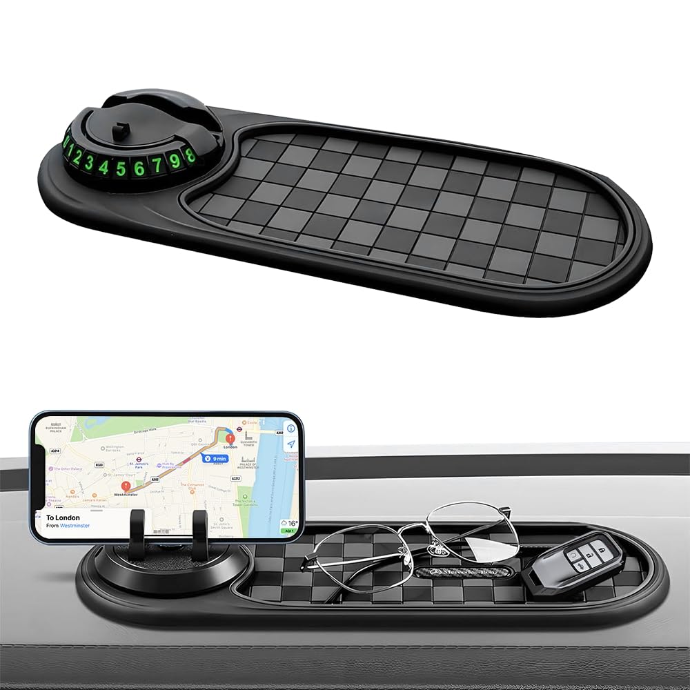 BNGXR Multifunction Car Anti-Slip Mat, Auto Universal Phone Holder, Auto Antirutschmatte Handyhalterung mit Digitale Parkscheibe, 360° Drehbar Anti Rutsch Armaturenbrett Matte für Handys, Brillen