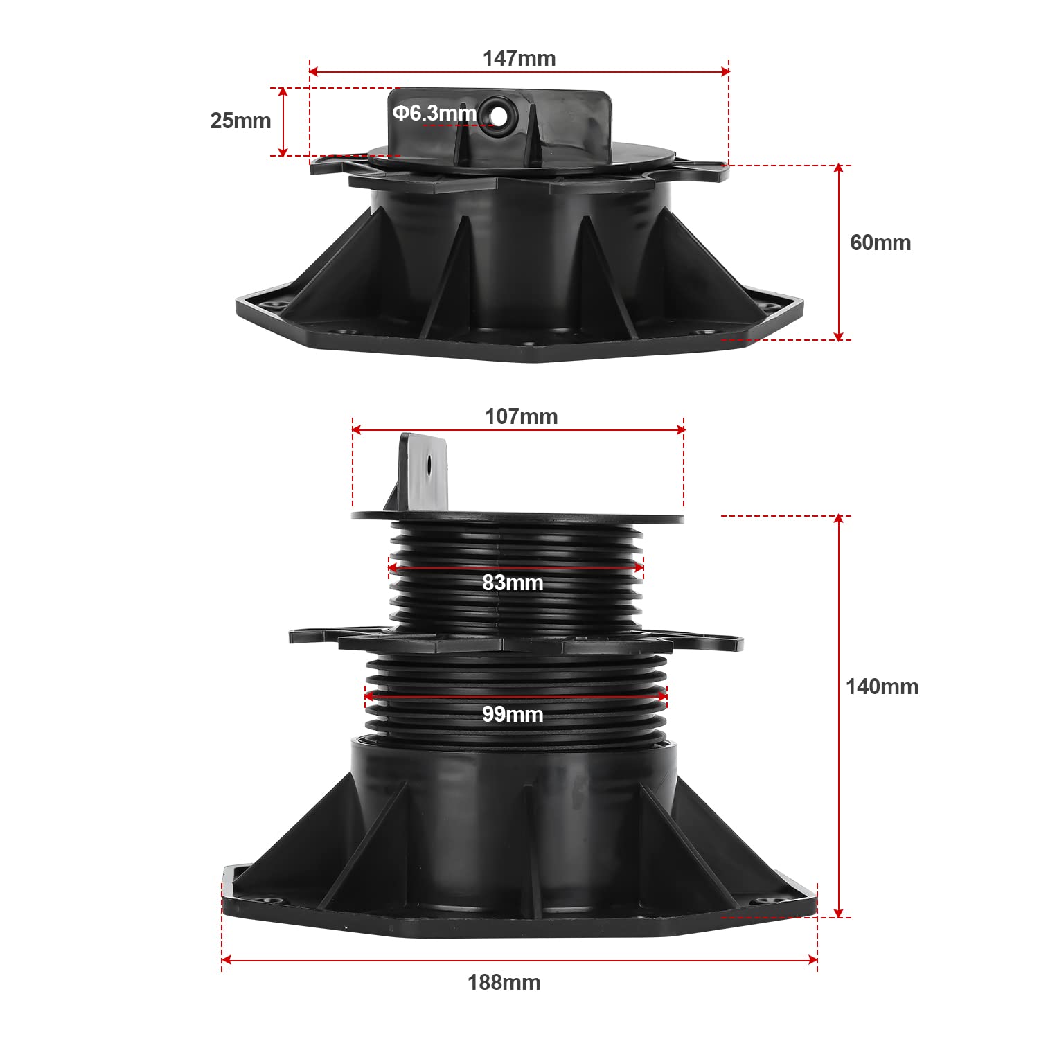 Daromigo Soportes para terrazas, 30 unidades, altura regulable, 60-140 mm, patas niveladoras para terrazas de suelo, placas de suelo para terrazas subestructura, WPC