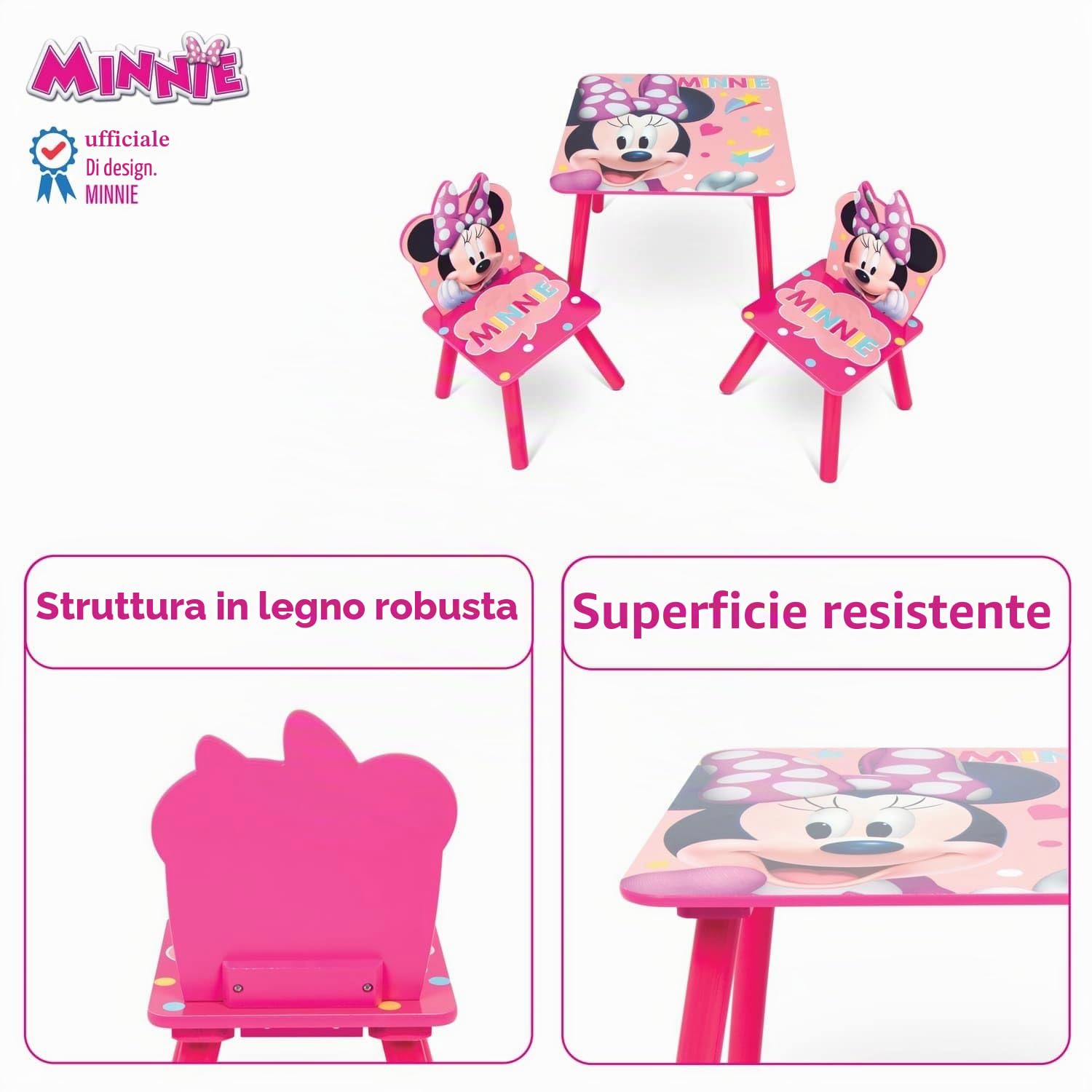 ARDITEX - Set Tavolo e 2 Sedie in Legno per Bambini - 50x50x44 cm e 26,5x26,5x50 cm - Ideale per giocare, disegnare e fare lavoretti - Licenza Ufficiale Topolina