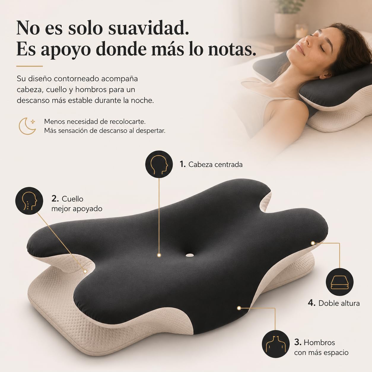 Almohada Cervical y Cuello Viscoelástica Doble Altura - Almohada Ergonómica para Dormir de Lado y Boca Arriba con Hueco para Brazos - Funda Refrescante + Recambio Lavable, Reversible