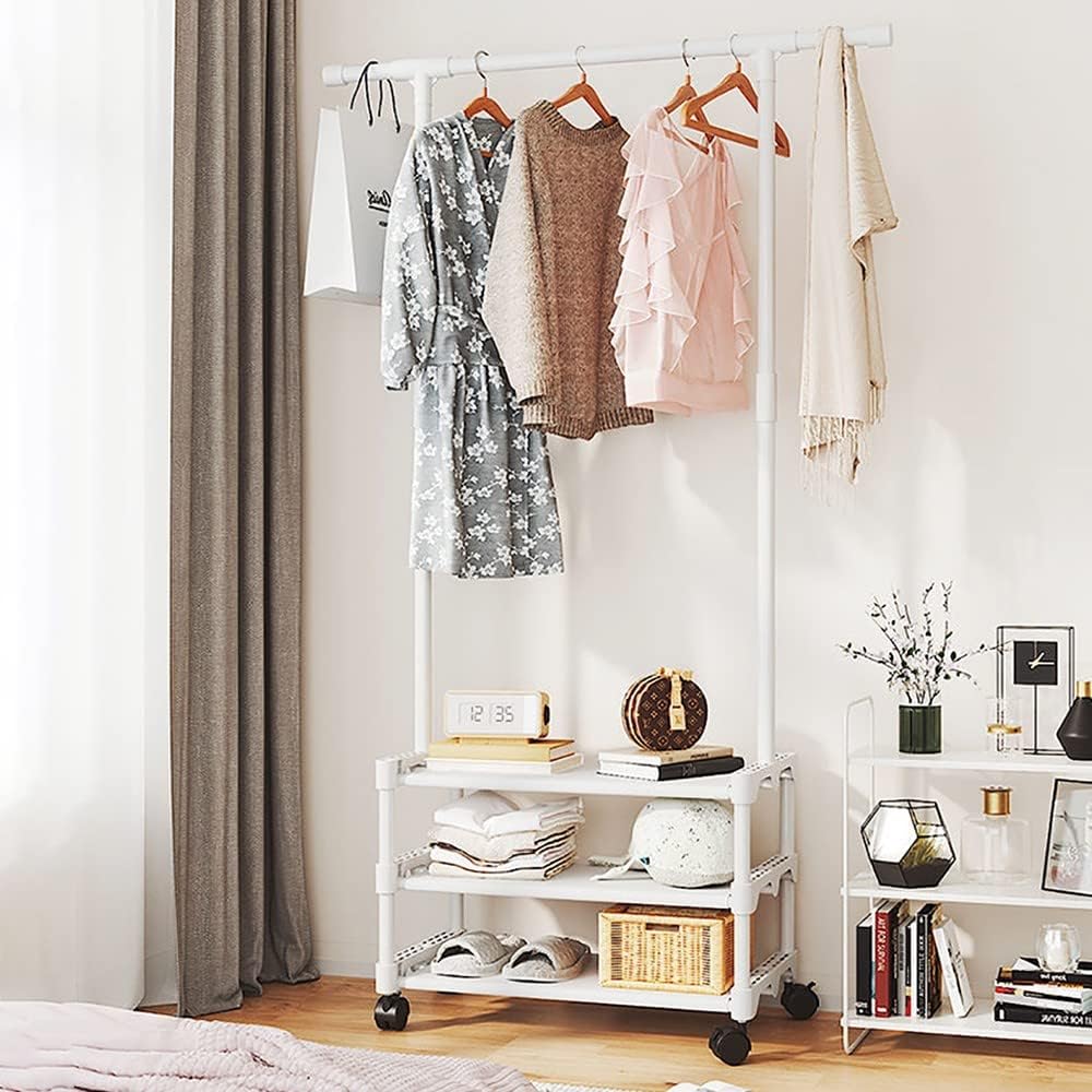 Coat Rack with Wheels, 4 in 1 Hall Tree with Storage Shelf, Entryway 2-Tier Shoe Rack with Hanging Rod, Accent Furniture with Metal Frame for Hallway, Easy Assembly, 56x35x169cm