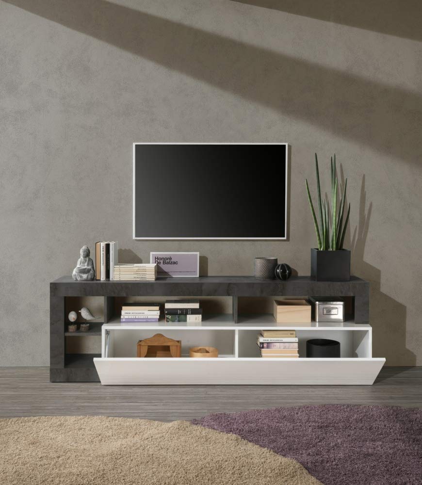 Web Convenienza Mobile TV con Anta a Ribalta - Made in Italy - Mobile Televisore con Anta Contenitore Collezione Hamburg per Soggiorno Cucina Sala da Pranzo Mobile Design moderno, Bianco e Ossido