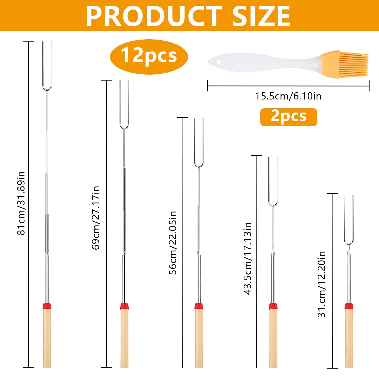 12 Pezzi Spiedini Telescopici, 31-81 cm Manico in Legno Spiedini per Marshmallow in Acciaio Inox con 1 Sacchetto di Tela Nero, Marshmallow Spiedini Barbecue per Campeggio, Falò, Picnicic