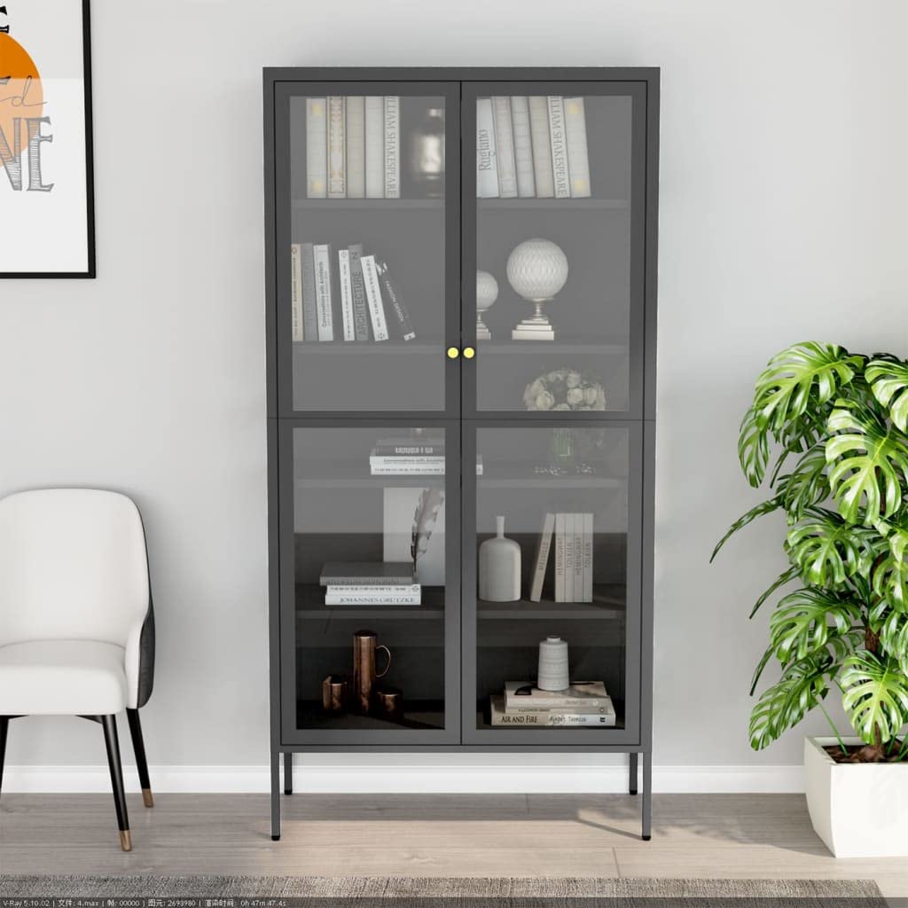 Vitrina antracita 90 x 40 x 180 cm de acero y vidrio templado con 4 estantes ajustables, armario auxiliar con puertas para libros y revistas, fácil de limpiar