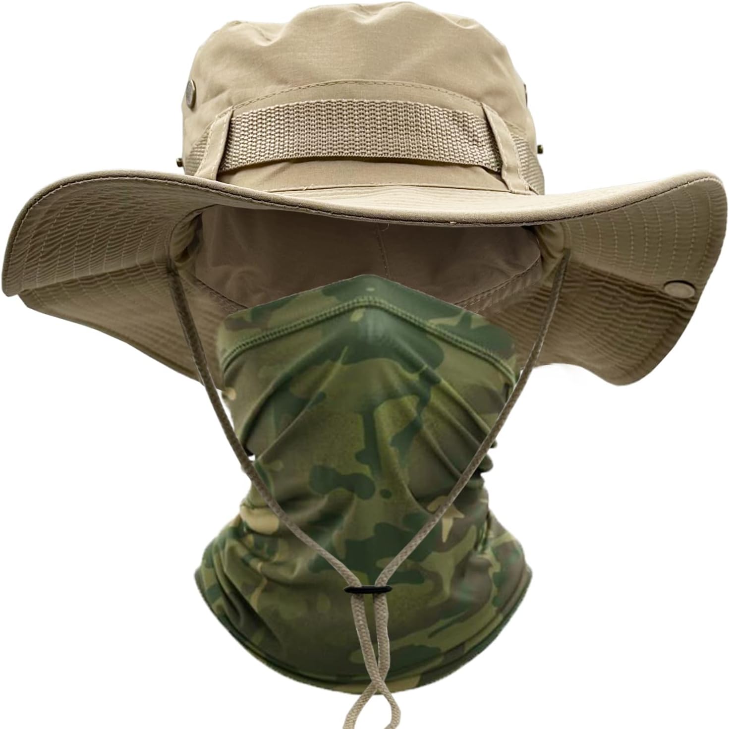 ehsbuySun Hat Men's UPF 50+ Safari Hat Summer Hat Wide Brim Camo Hiking Hat Army Boonie Hat with Cooling Multifunctional Scarf Tube Scarf Outdoor Fishing Hat