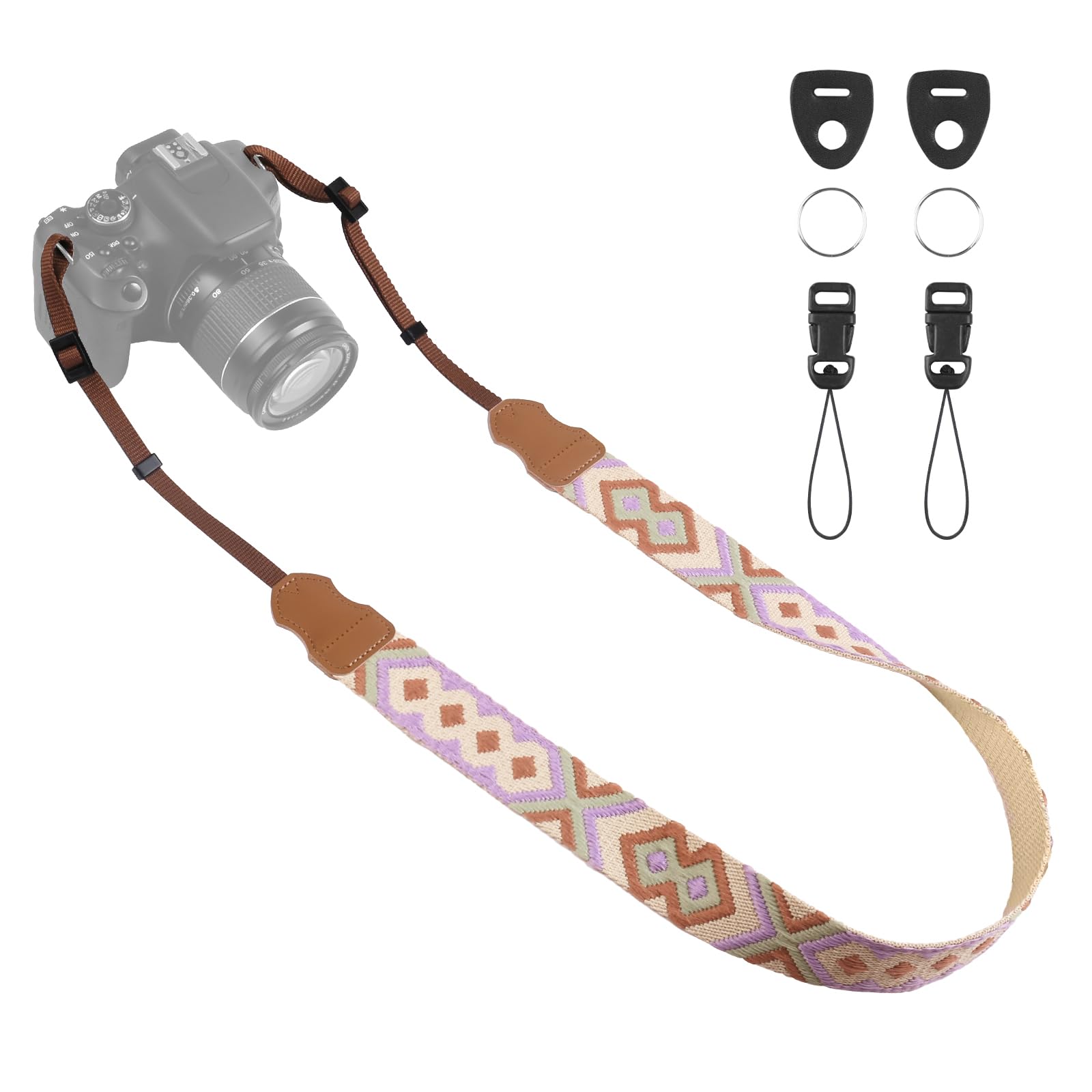 Universal Camera Strap - Camera Neck Strap, Adjustable Shoulder Straps Compatible with Canon, Fujifilm, Nikon, Olympus, Panasonic and other SLR and mirrorless cameras - Purple and Khaki Weave