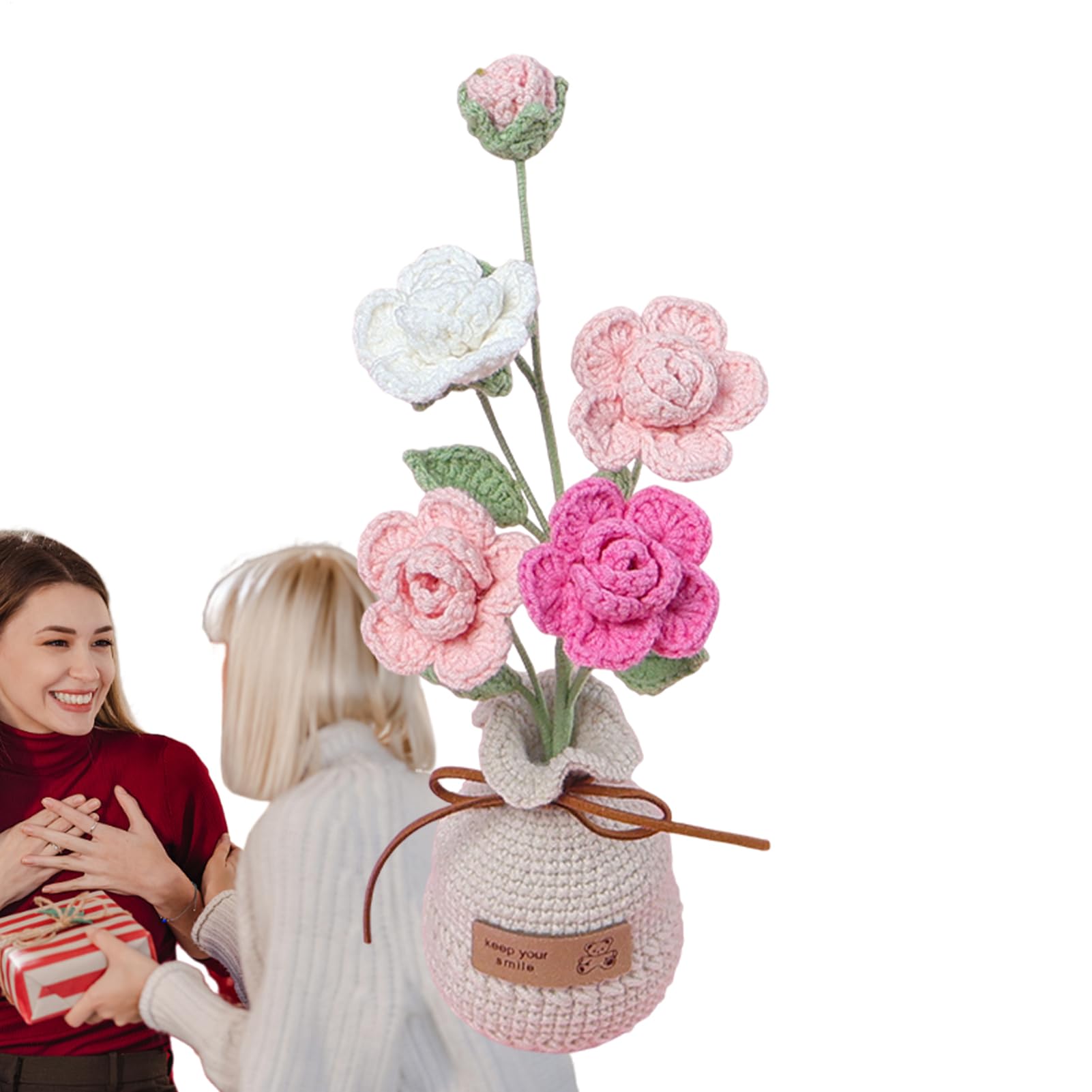 Rosas tejidas a ganchillo decorativas en maceta para regalar en cumpleaños