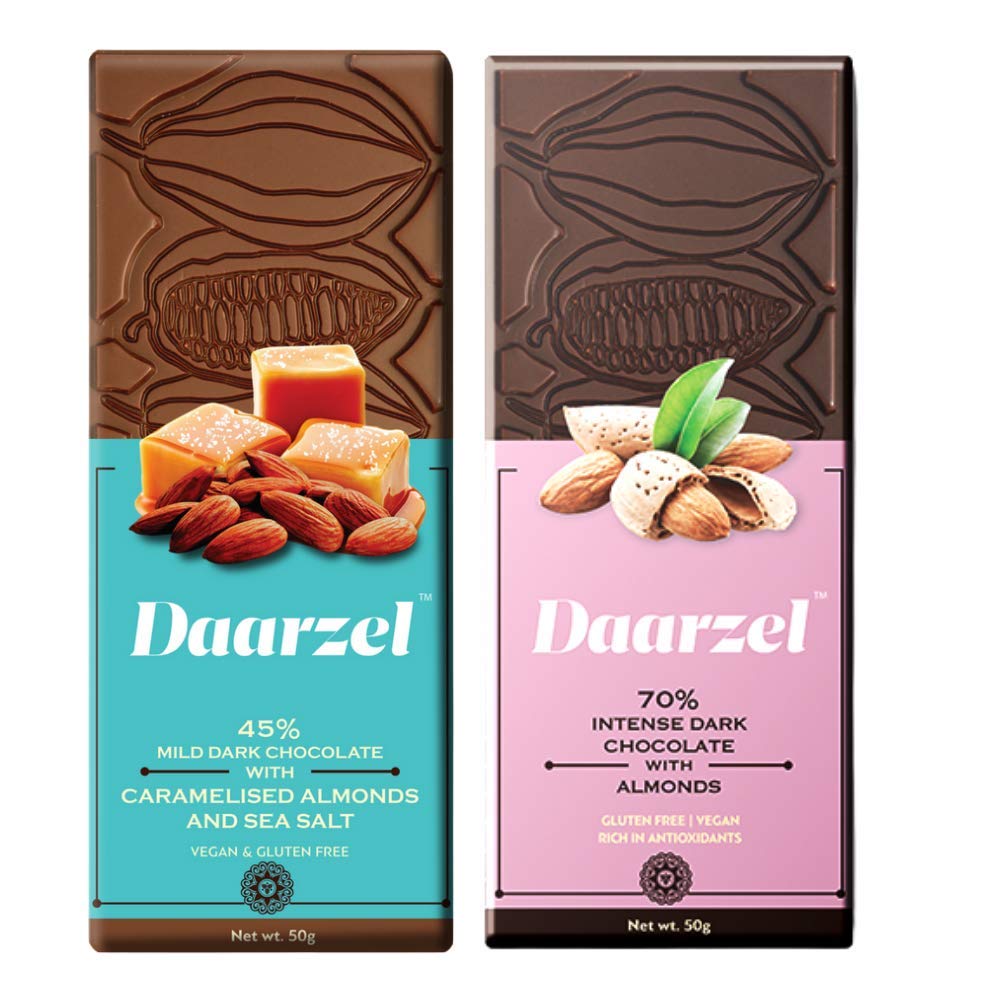 Ambriona - Daarzel Vegan and Gluten-Free Chocolate Gift Hamper| 45% Mild Dark Chocolate with Caramelized Almonds & Sea Salt + 70% Intense Dark Chocolate with Almonds | Rich in Antioxidants | 50g