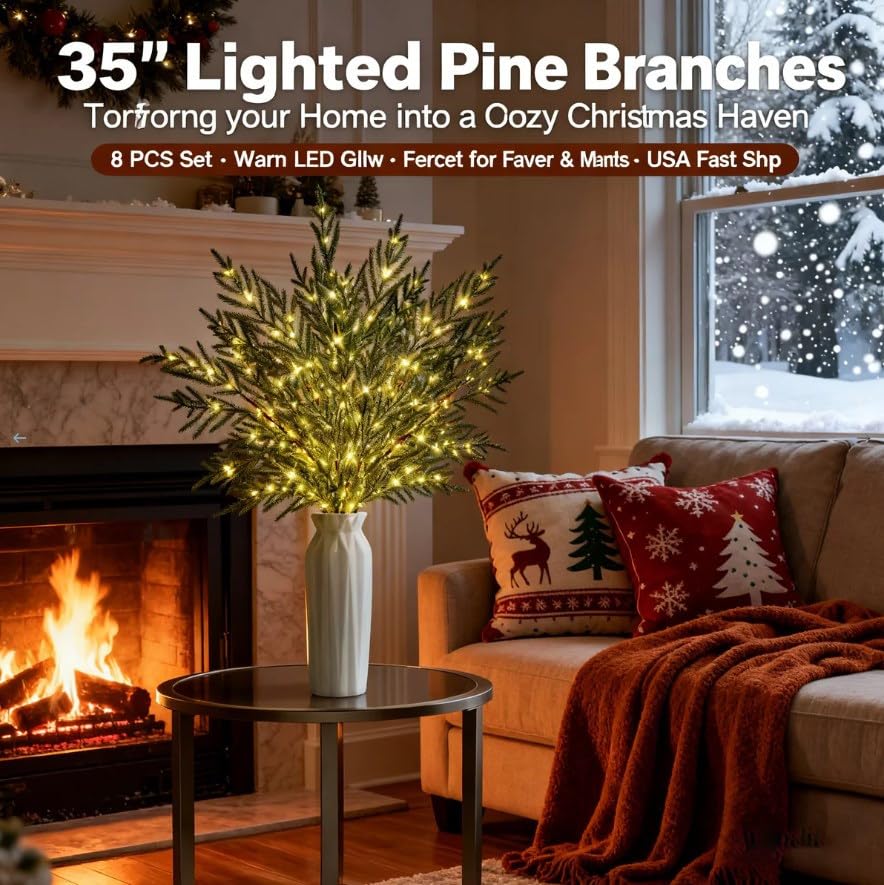 Branches de pin pour cheminée et salon avec douce lumière chaude de Noël - 6