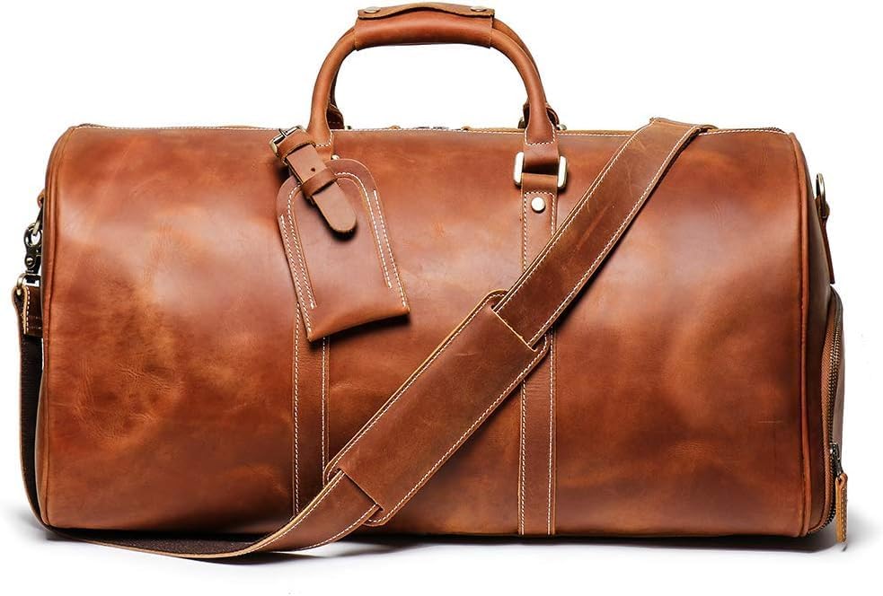 Mullis Mercantile Leather Weekender Bag, an ideal men's classic. Perfect for overnight stays, full-grain leather, a retro design, gym, and a YKK zipper, brown. (22 inch Vintage Leather Duffle)