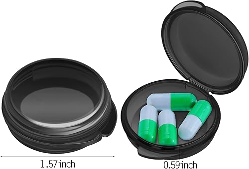 Vista 2 de Patelai Pastillero pequeño de viaje, contenedor de píldoras transparente, mini caja organizadora redonda negra, soporte para medicamentos