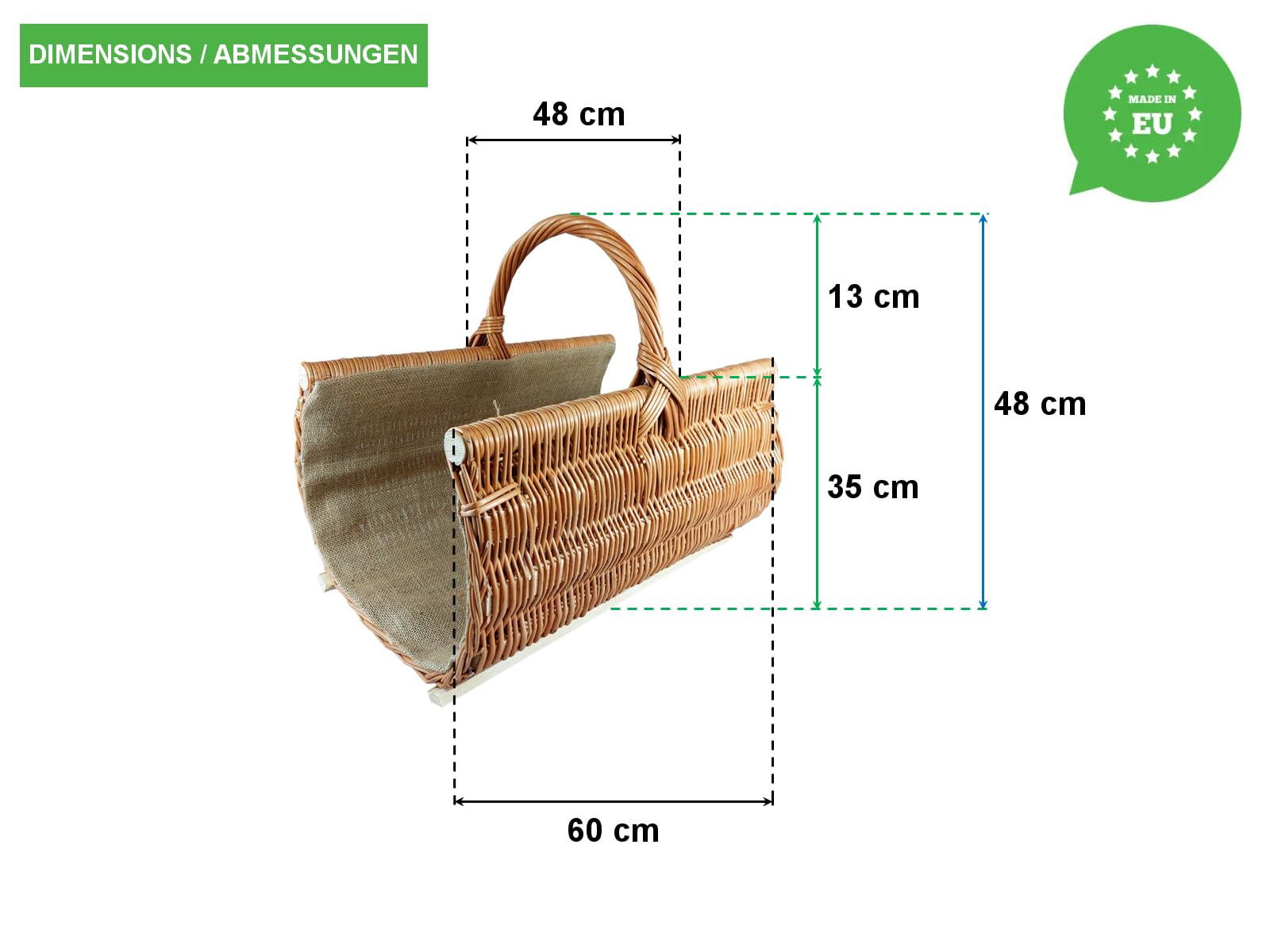Cesta de mimbre para chimenea, rectangular, marrón, 60 x 48 x 48 cm
