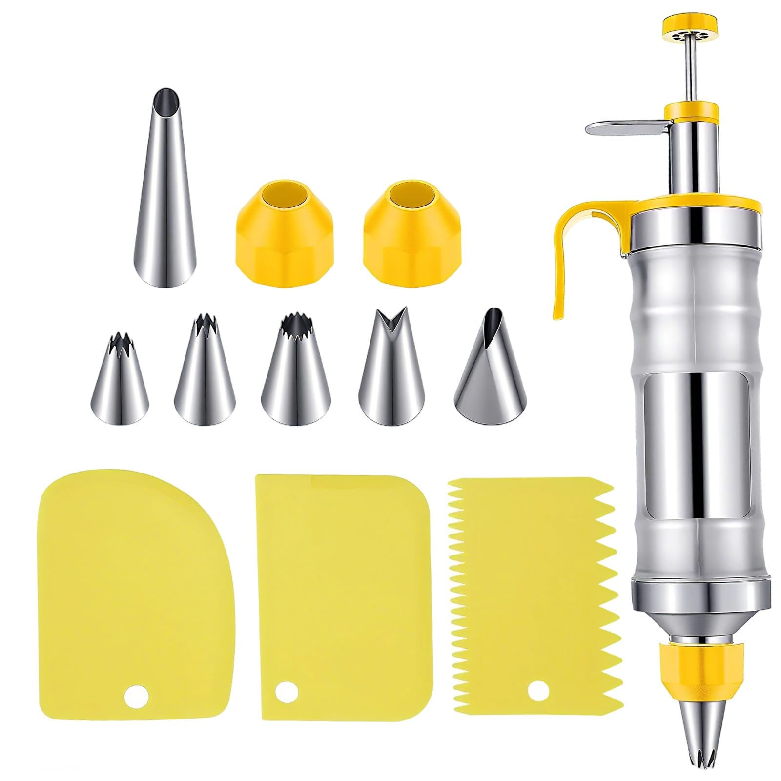12-teiliges Spritzbeutel-Set aus Edelstahl, Spritzpistolen-Set für Tortendekoration, Düsen, Kuchen- und Cupcake-Dekorationsset, Küchenwerkzeuge, Gelb